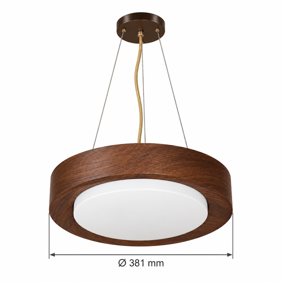 Wood-Grain Round Diffuser Pendant, dimension diagram showing outer diameter 381 mm