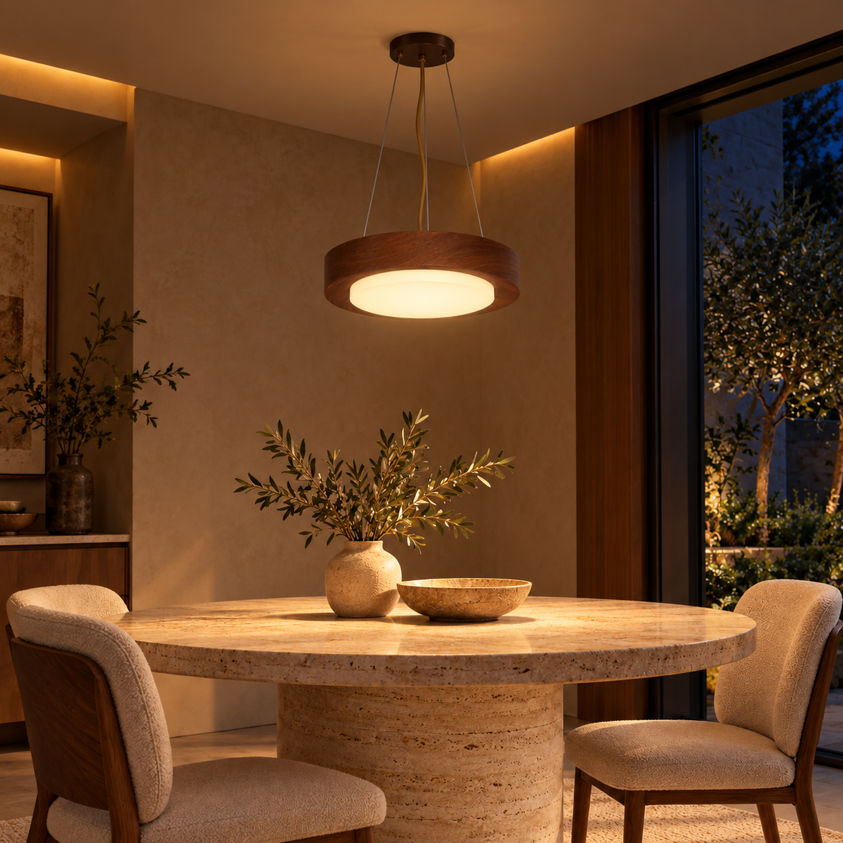 Wood-Grain Round Diffuser Pendant, illuminated in a nighttime interior