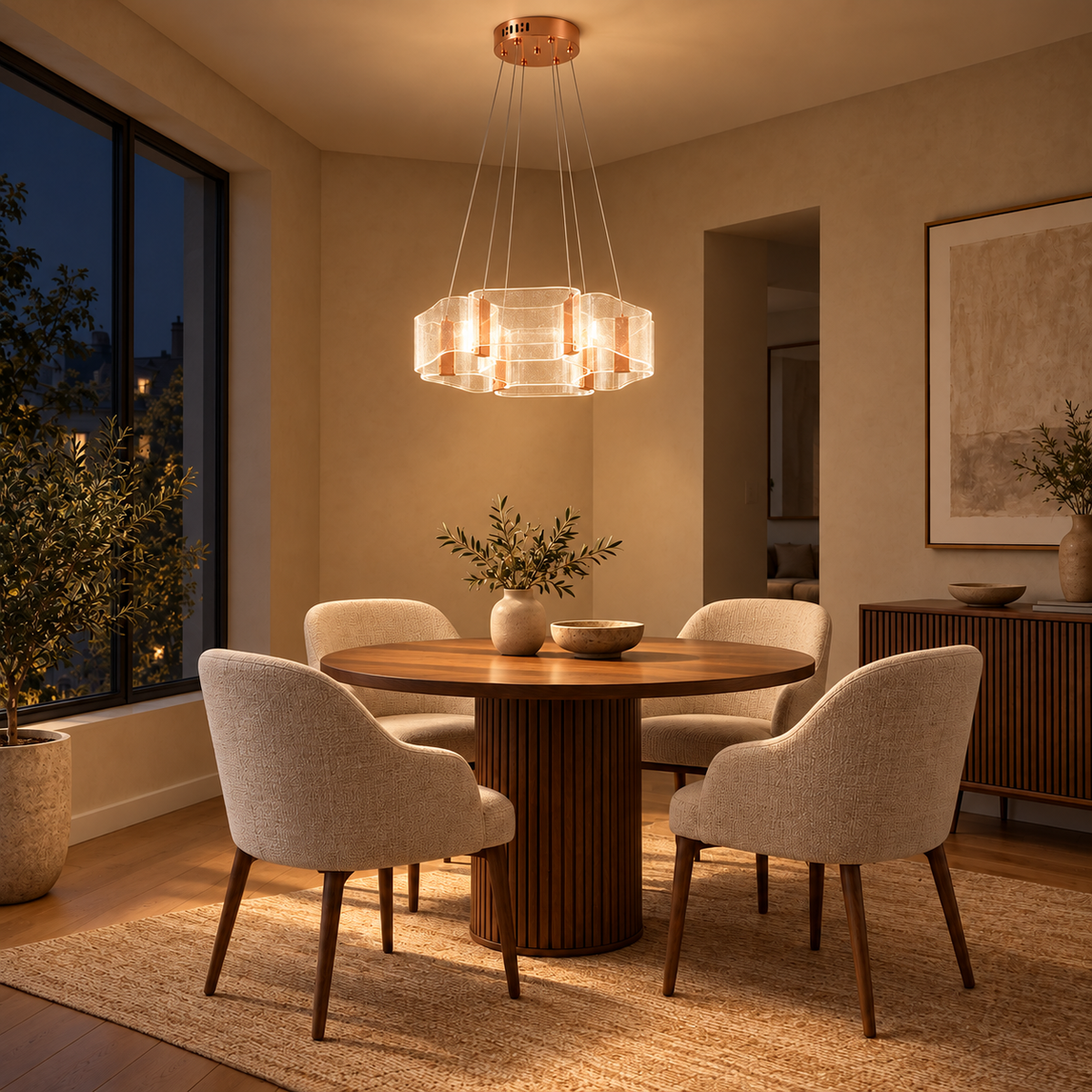 Rose-gold-tone acrylic cluster chandelier YL7572--6D-120W-3C, evening interior, light on