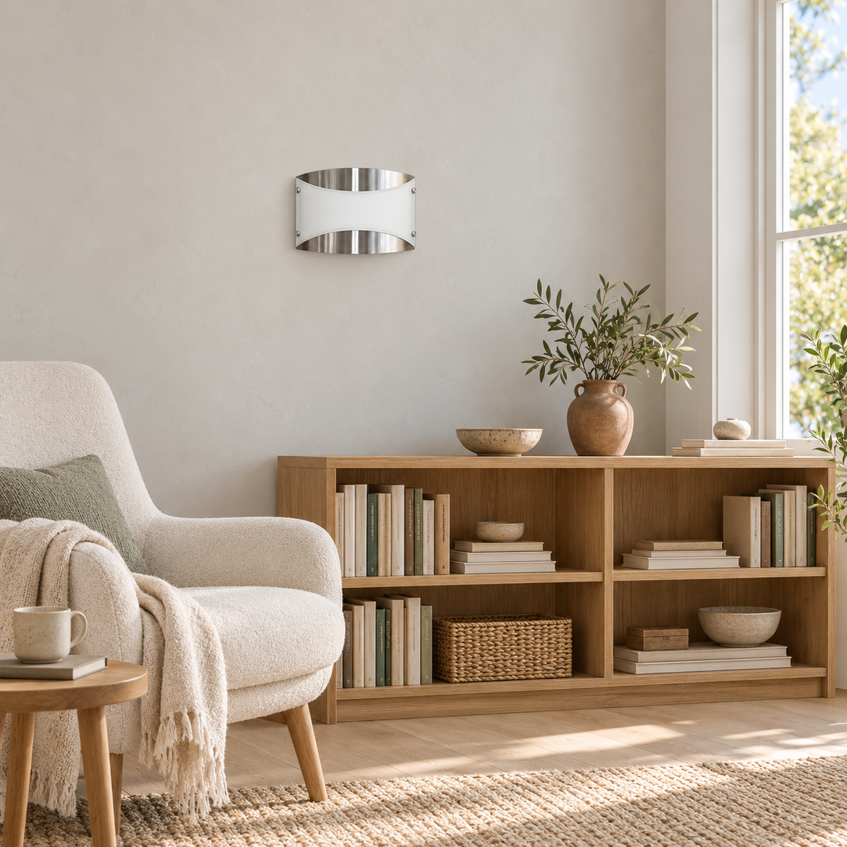 Curved Centre Glass Panel Wall Light above a low wood bookcase beside a pale upholstered armchair in daylight, switched off