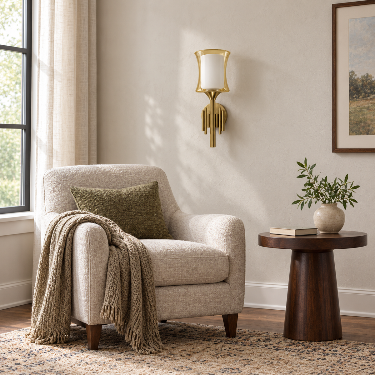 Amber Hourglass Ribbed-Base Wall Light above a round wood table beside a neutral upholstered armchair in daylight, switched off
