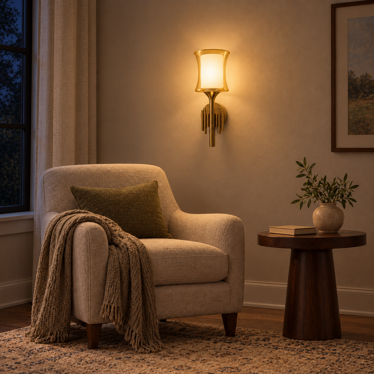 Amber Hourglass Ribbed-Base Wall Light above a round wood table beside a neutral upholstered armchair at night, illuminated
