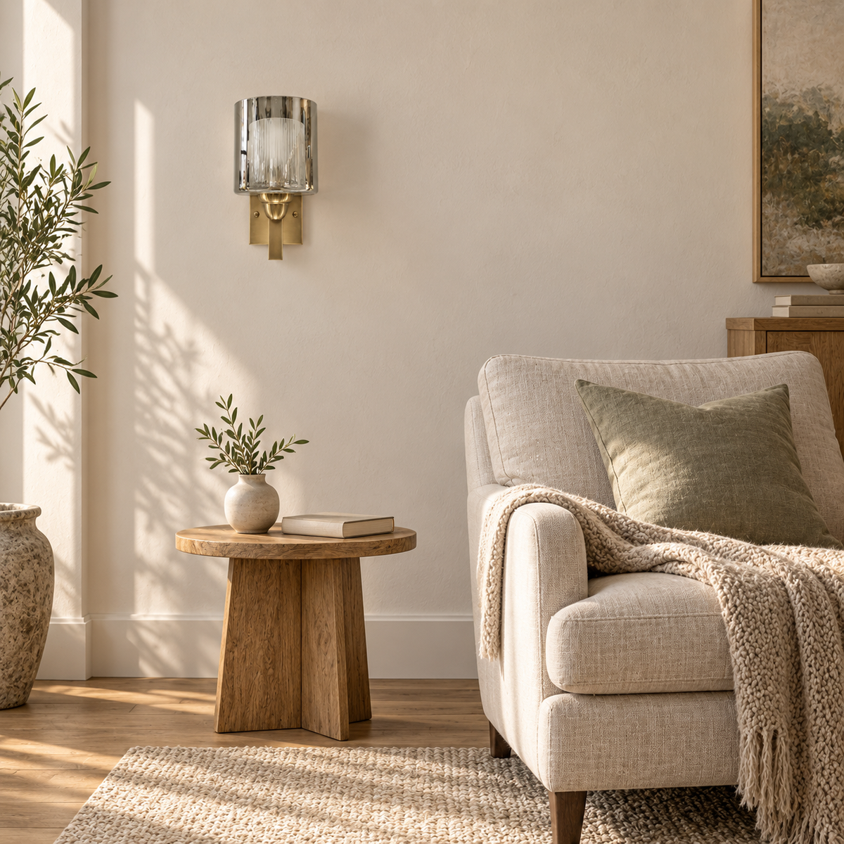Smoke Layered Glass Cylinder Wall Light above a round wood side table beside an upholstered armchair in daylight, switched off
