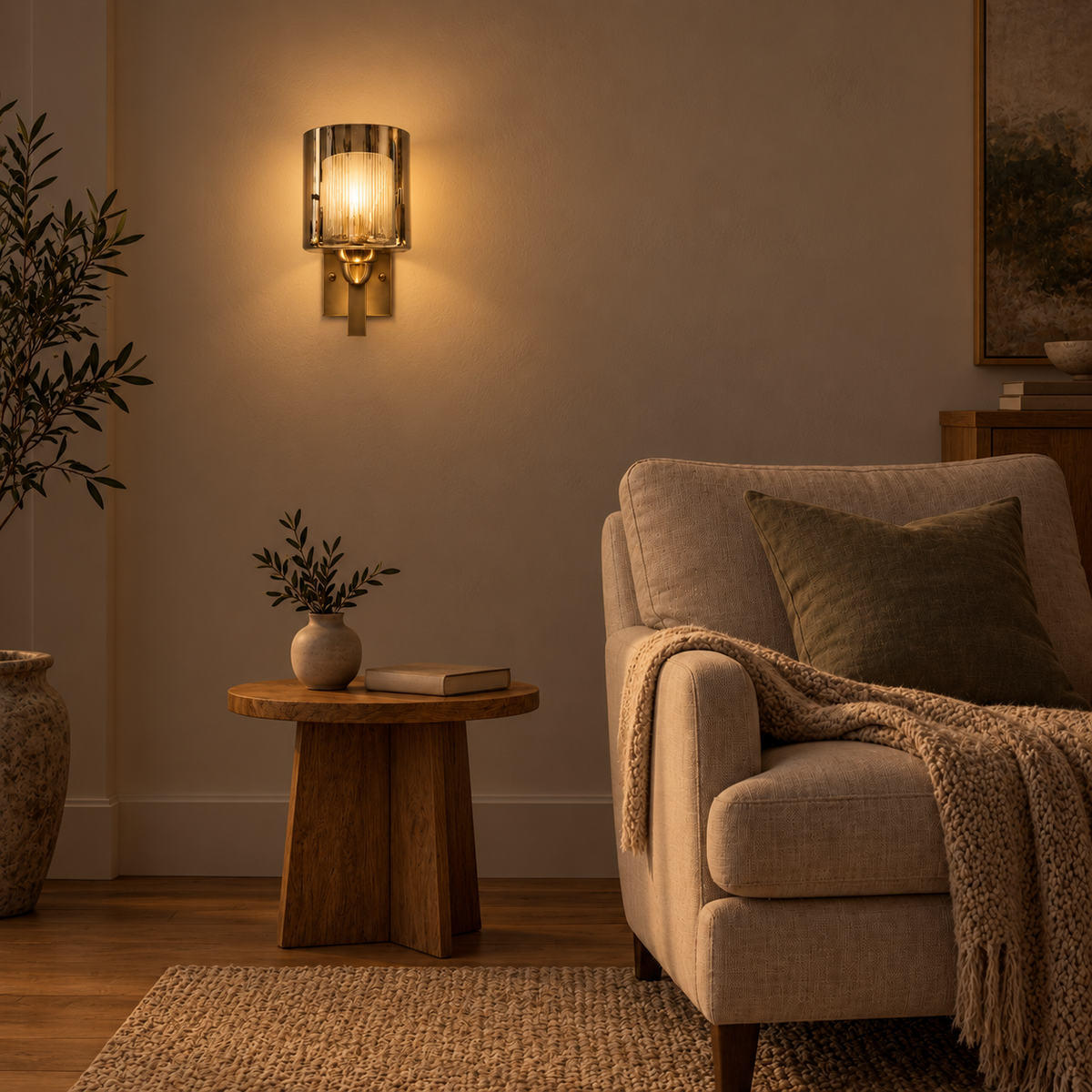 Smoke Layered Glass Cylinder Wall Light above a round wood side table beside an upholstered armchair at night, illuminated