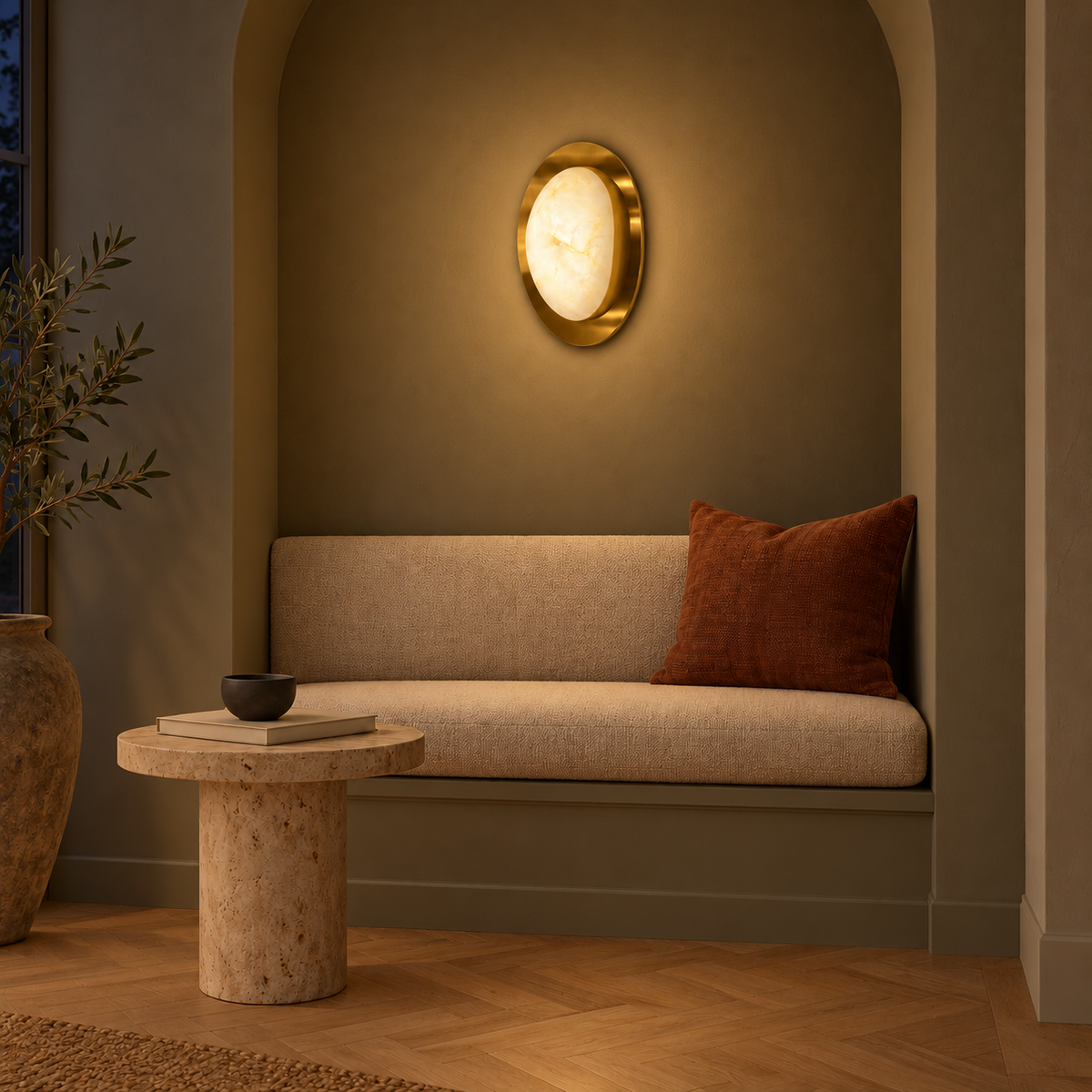 Stone-Effect Oval Halo Wall Light illuminated in a night-time interior