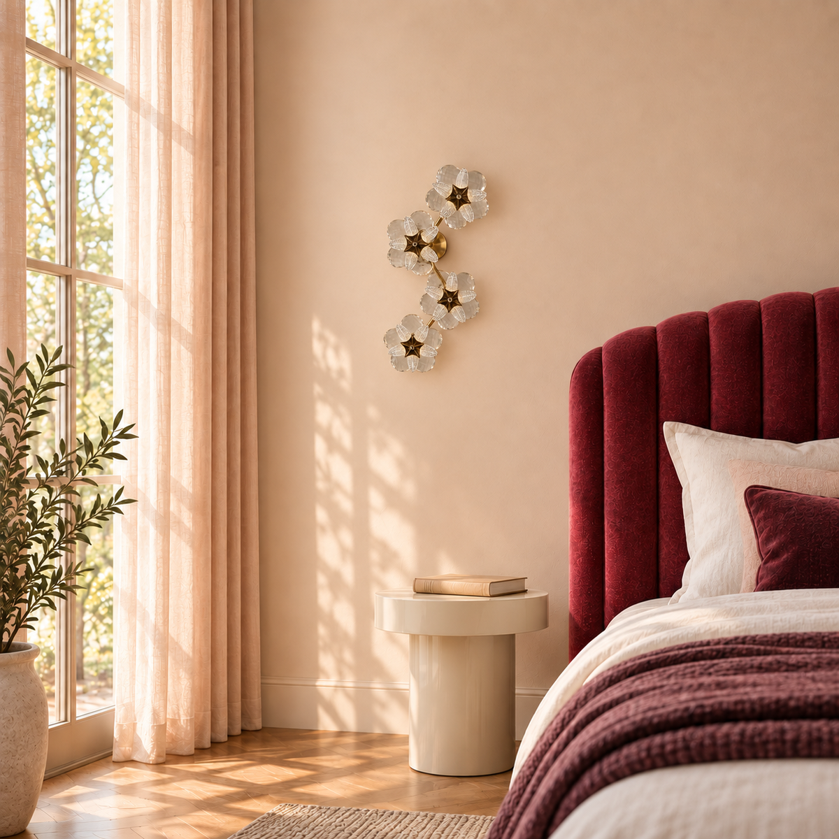 Four-flower crystal wall light beside an upholstered bed in daylight, switched off