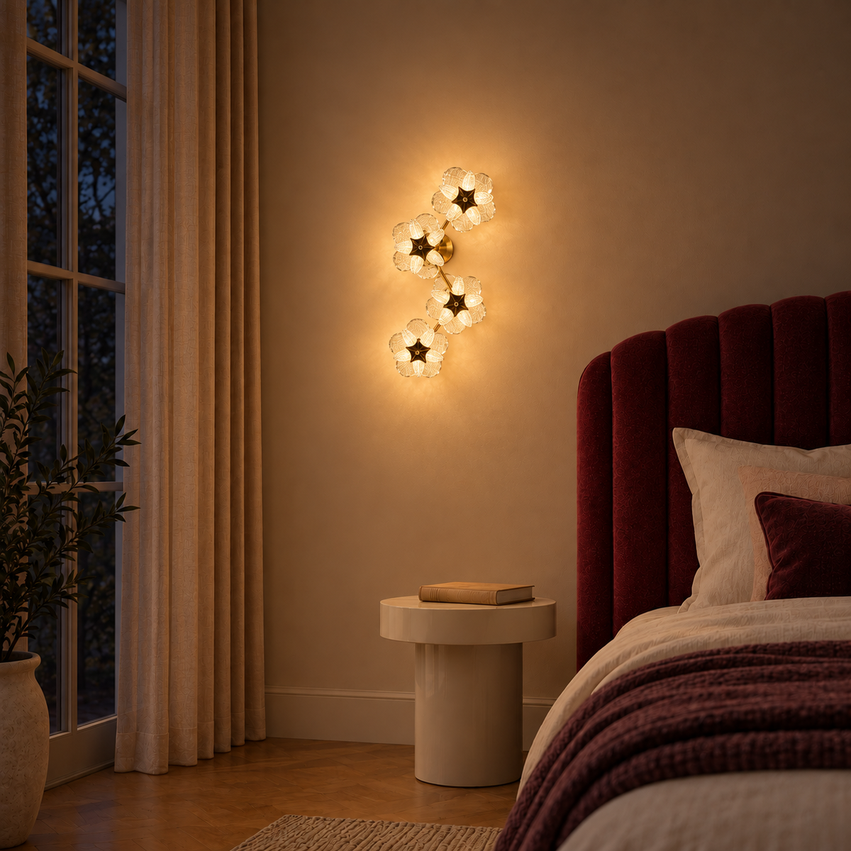 Four-flower crystal wall light illuminated beside an upholstered bed at night