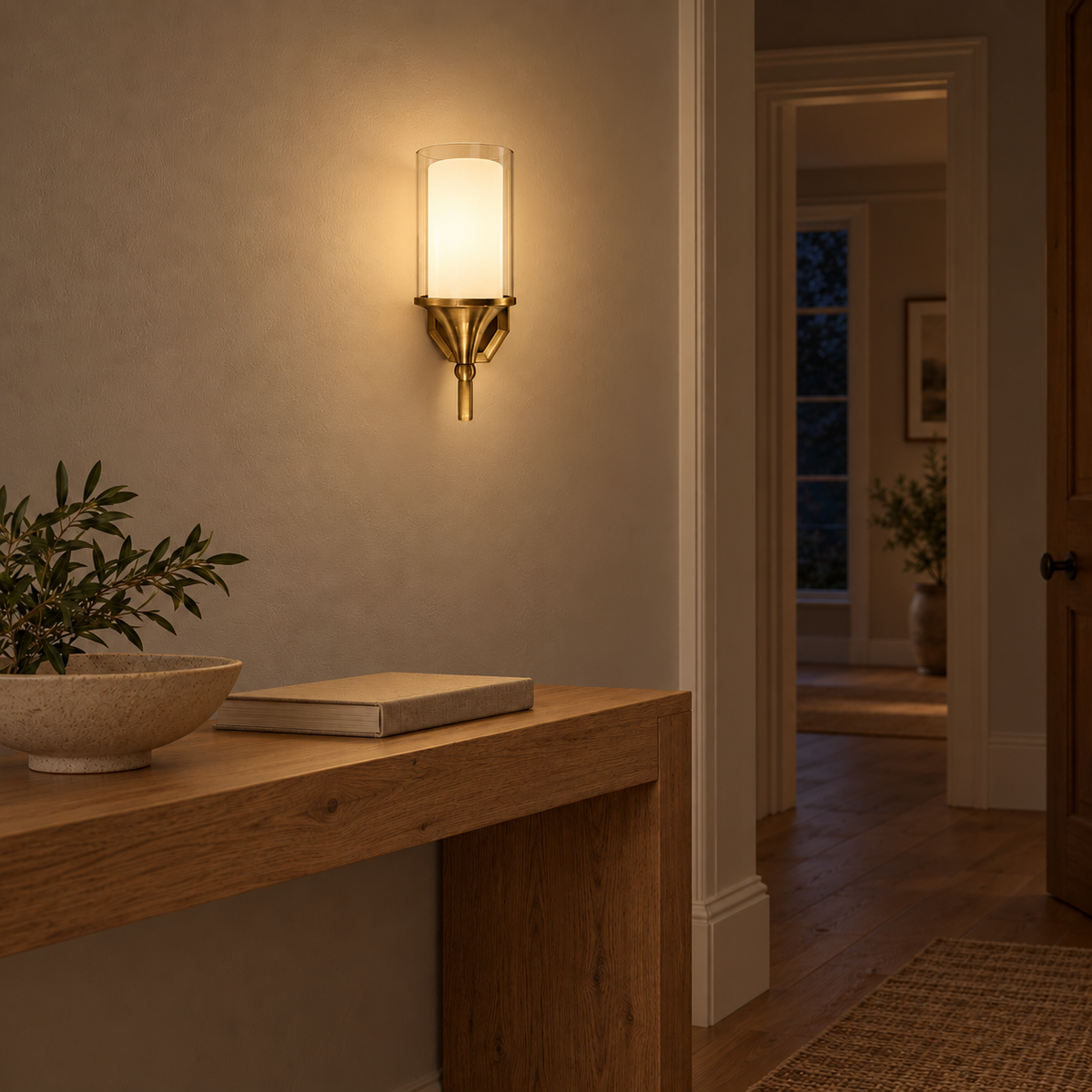 Clear Layered Glass Torch Wall Light above a light wood console beside a doorway at night, illuminated
