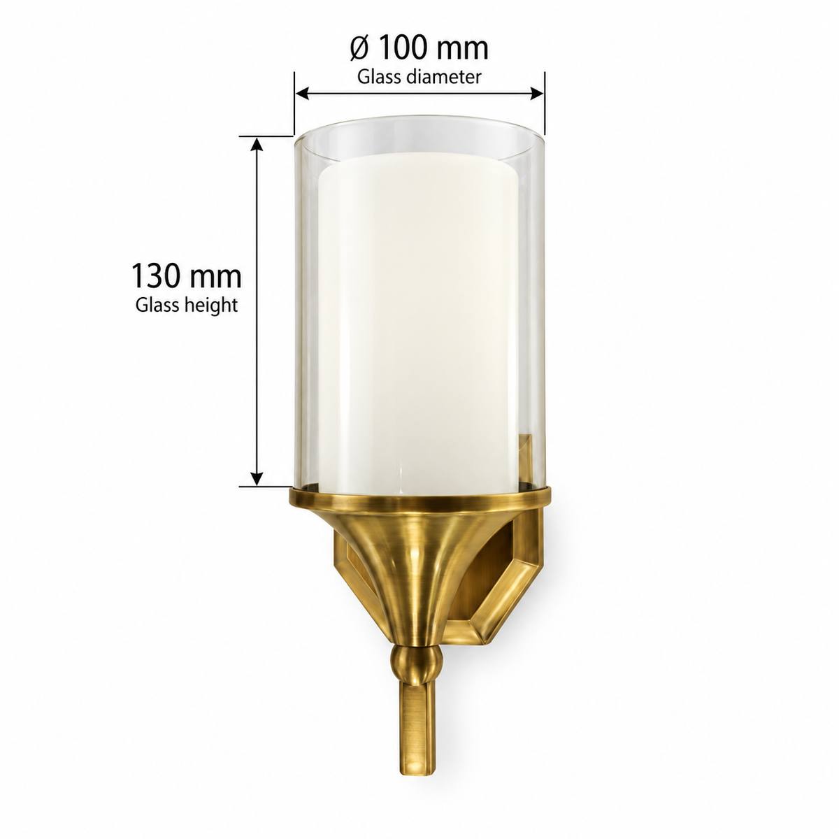 Clear layered glass torch wall light dimension guide showing outer glass diameter 100 mm and glass height 130 mm, excluding the gold-tone support