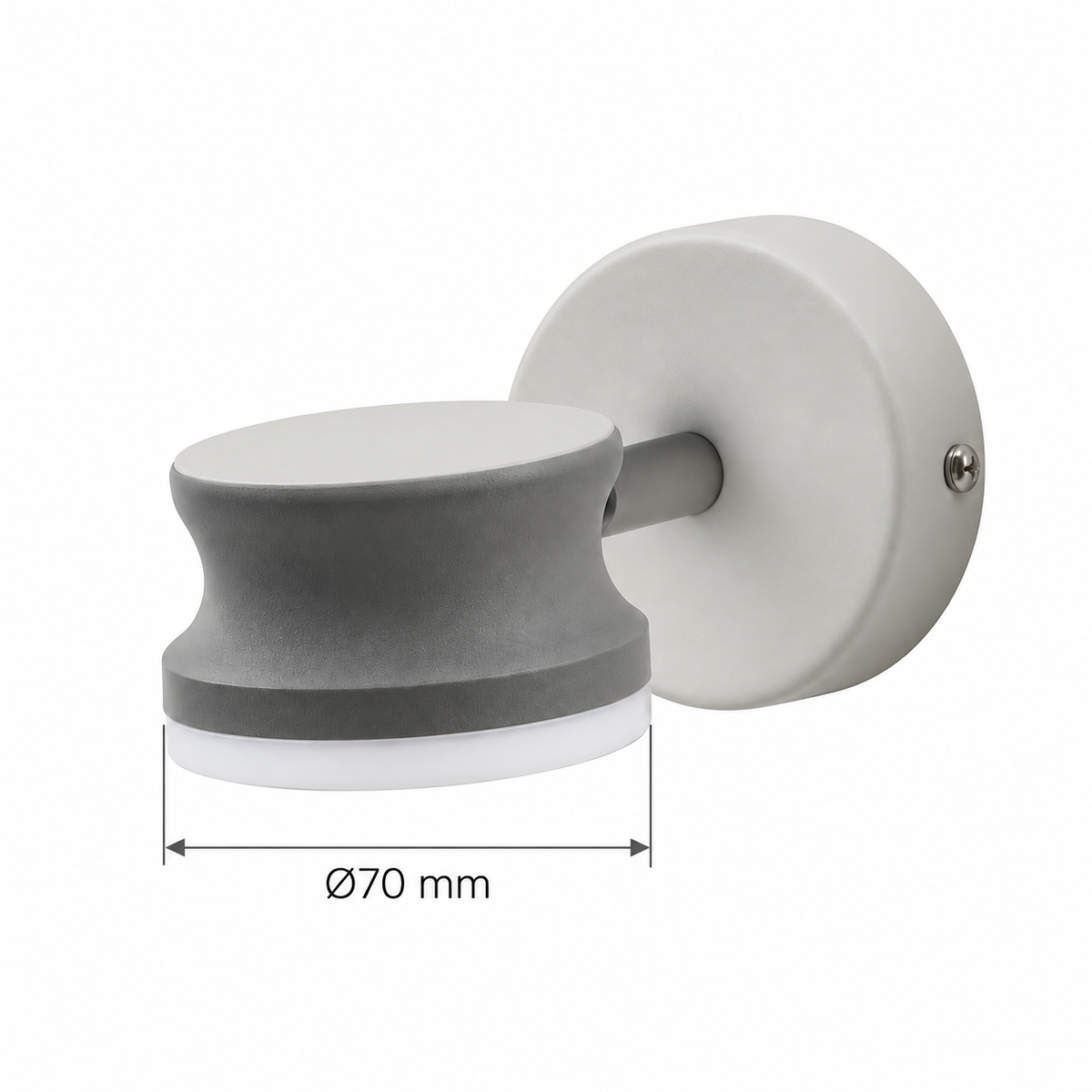 Halo rim spool wall light dimension diagram showing light-head diameter 70 mm.