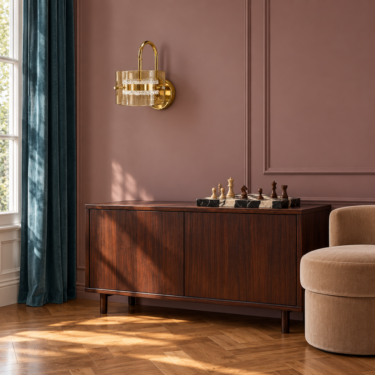 Amber glass double-ring lantern wall light above a wooden sideboard in daylight, switched off
