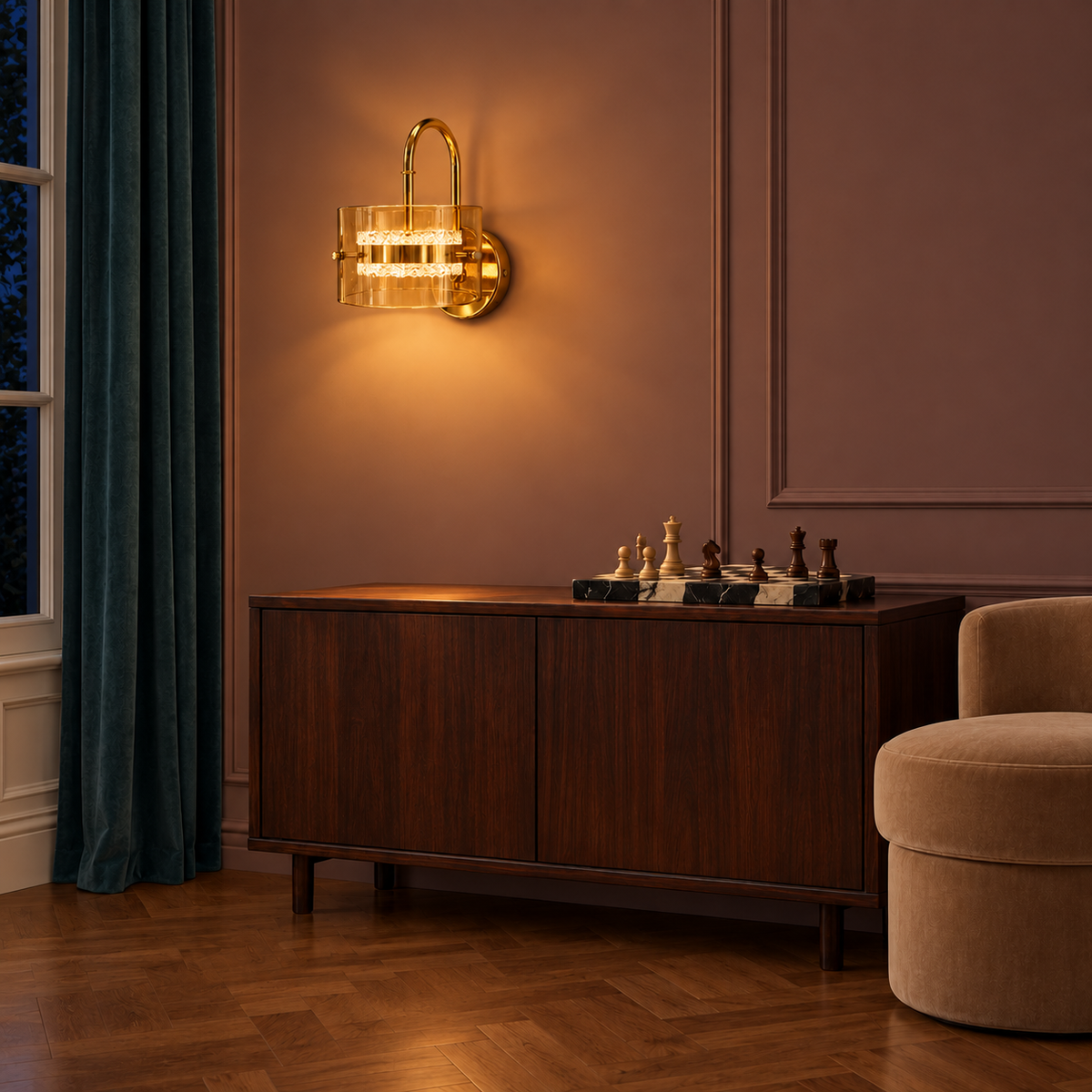 Amber glass double-ring lantern wall light illuminated above a wooden sideboard at night