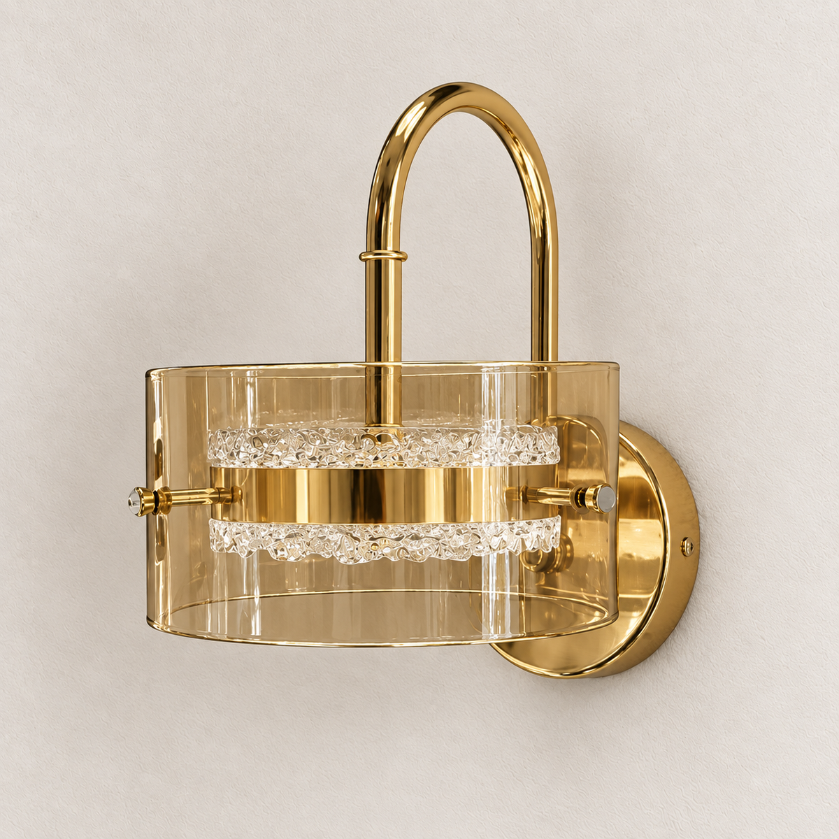 Amber glass lantern wall light with twin textured acrylic rings, centre band and arched arm, switched off