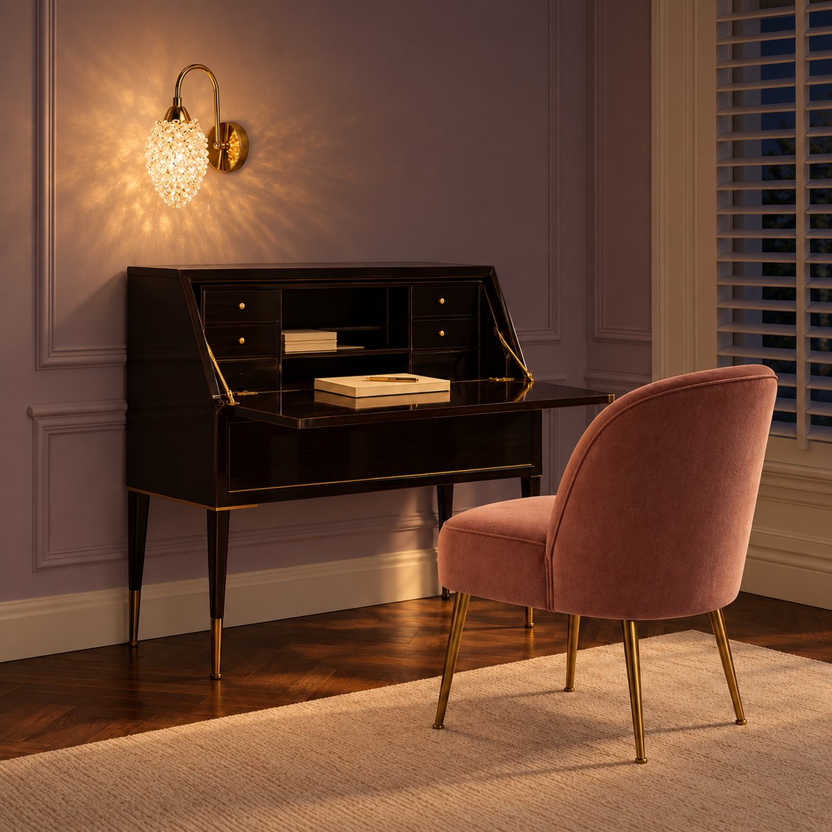 Crystal cluster drop wall light illuminated above a writing desk at night