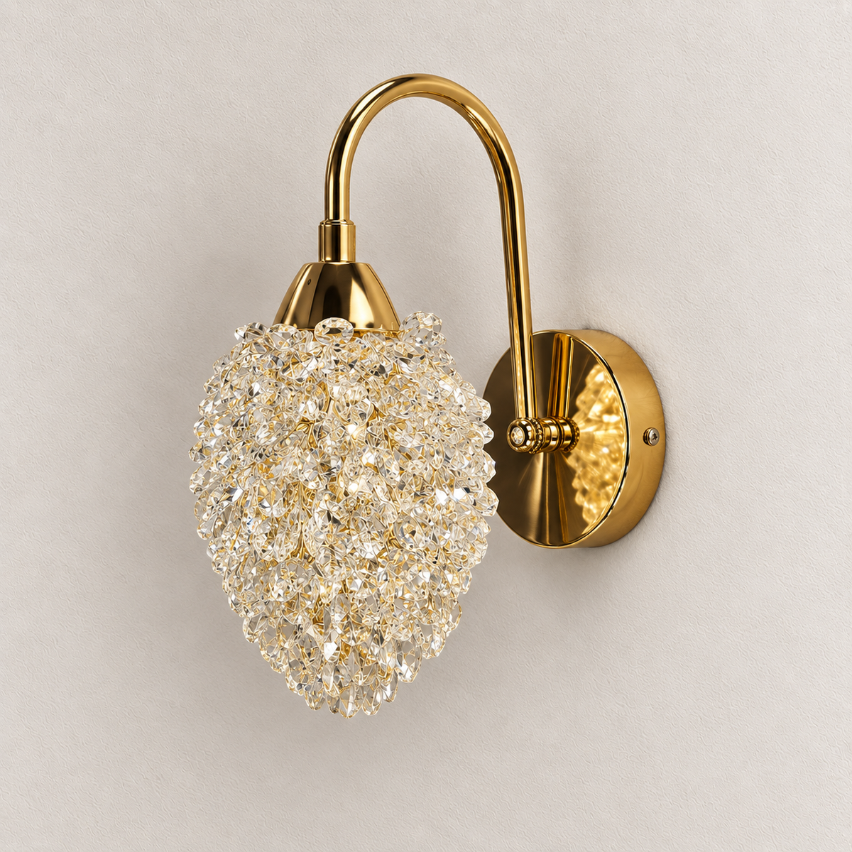 Clear crystal cluster drop wall light with arched arm and round backplate, switched off