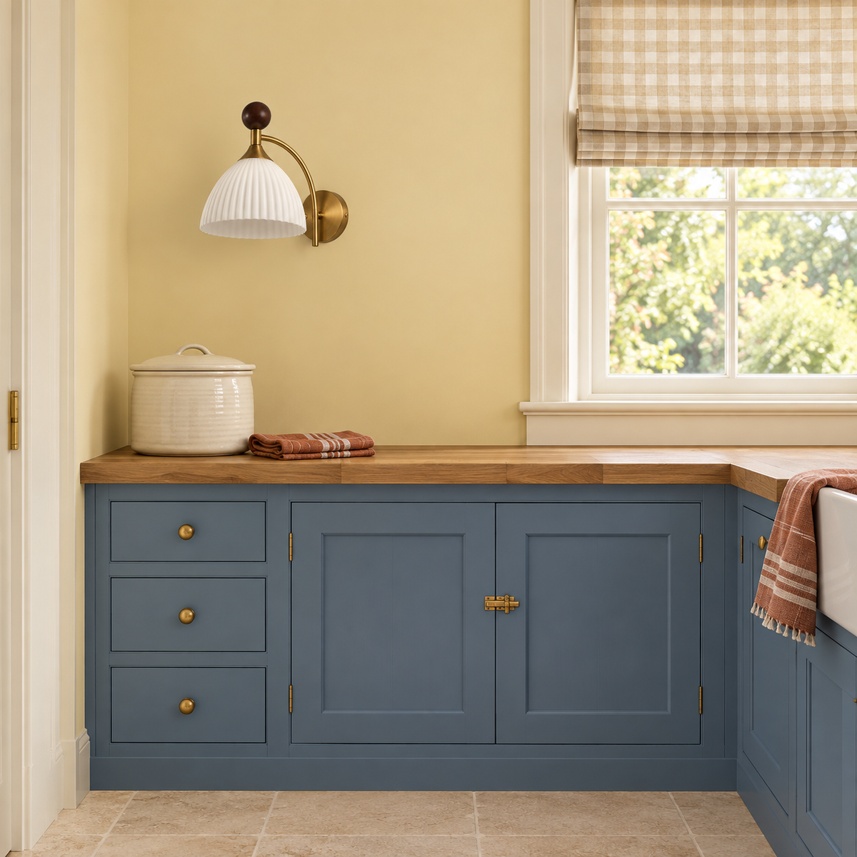 Ribbed white glass wood-finial wall light above blue kitchen cabinets in daylight, switched off