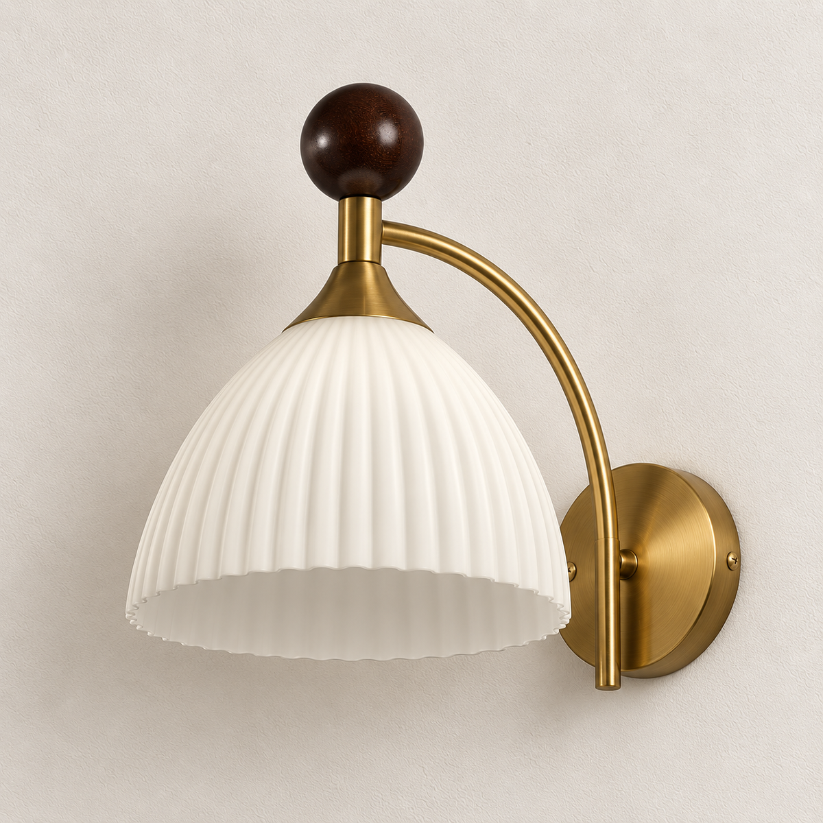 Ribbed white glass dome wall light with dark wooden ball finial and arched arm, switched off