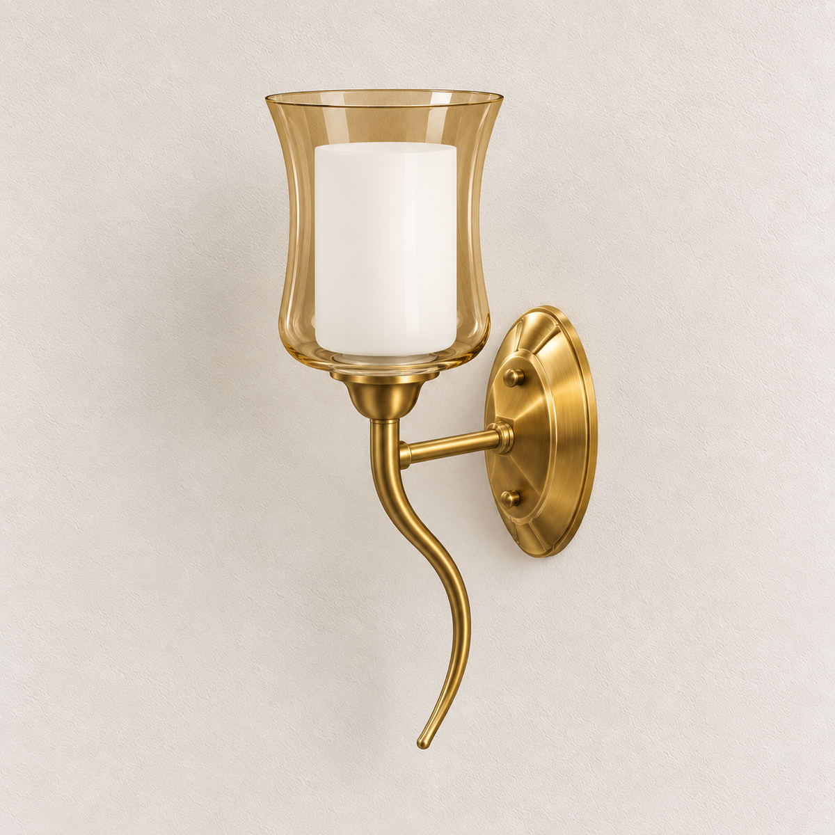 Amber and white glass wall light with flared shade and long scrolling lower stem, switched off