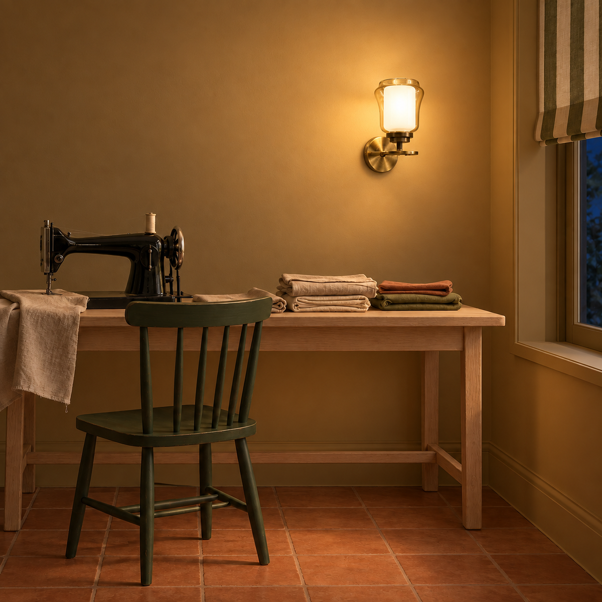 Amber and white glass ring-arm wall light illuminated above a worktable at night