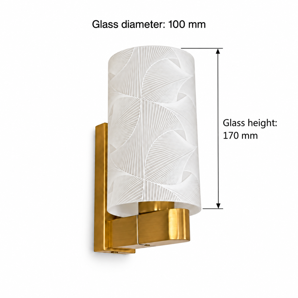 Fan pattern glass wall light dimension guide stating glass diameter 100 mm and showing glass-only height 170 mm