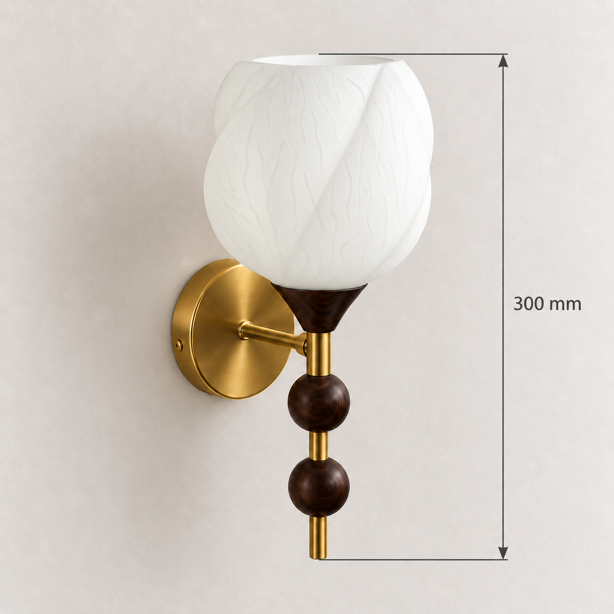 White glass wall light with twin bead details showing 300 mm overall height