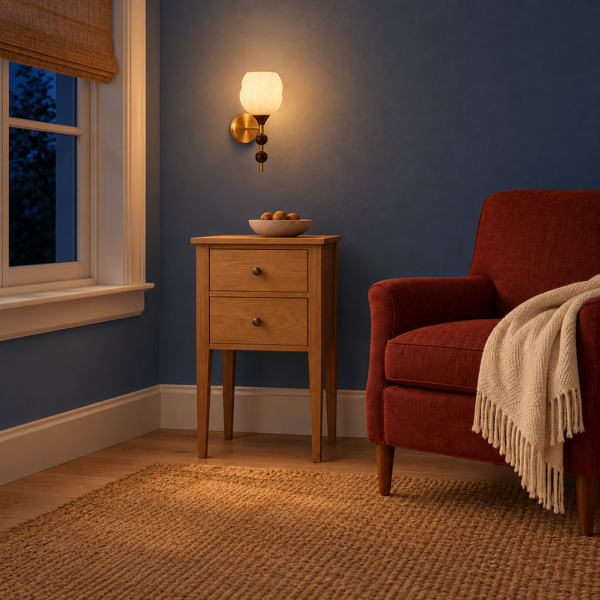 White glass wall light glowing above a side table beside a red reading chair at night
