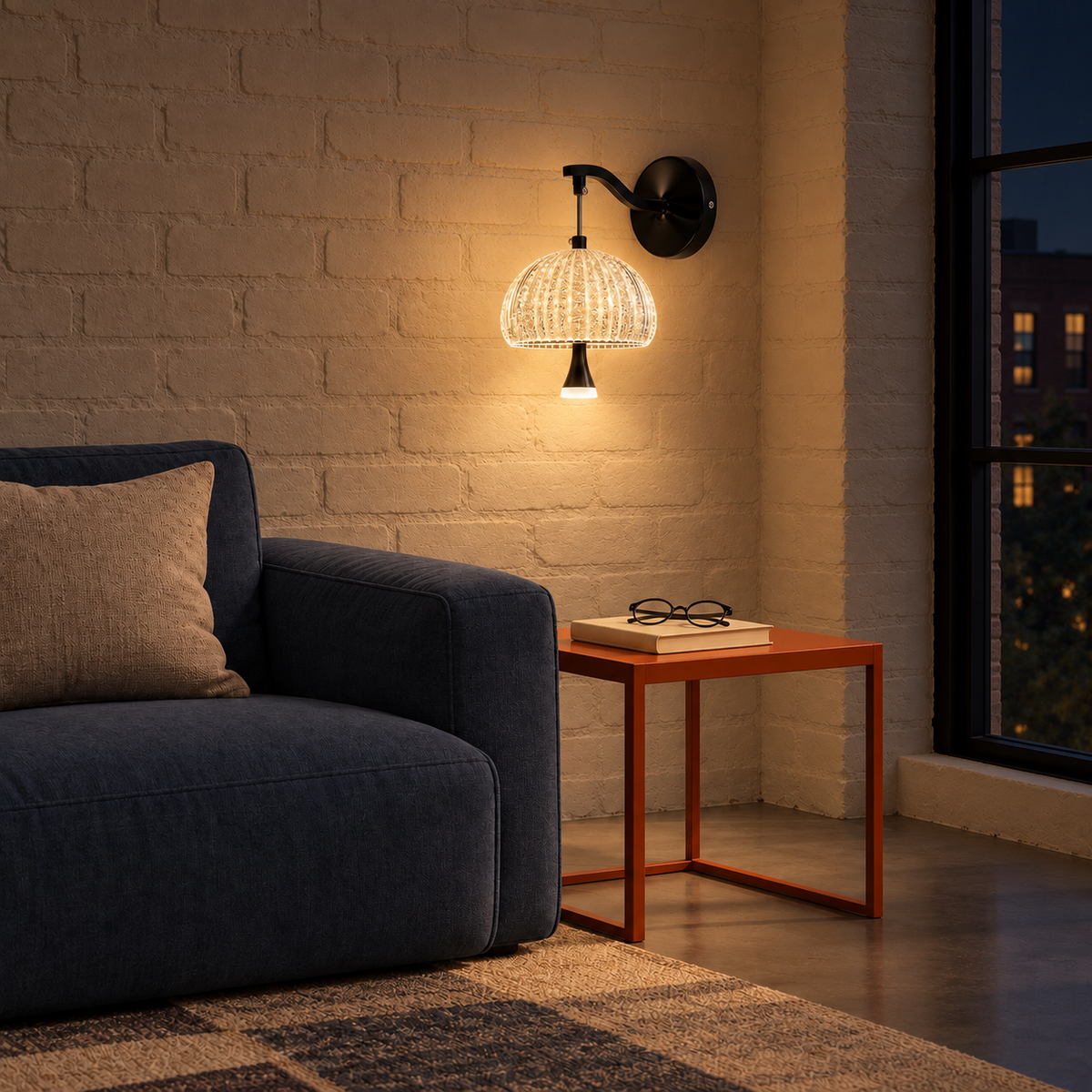 Suspended acrylic dome wall light illuminated beside a blue sofa at night