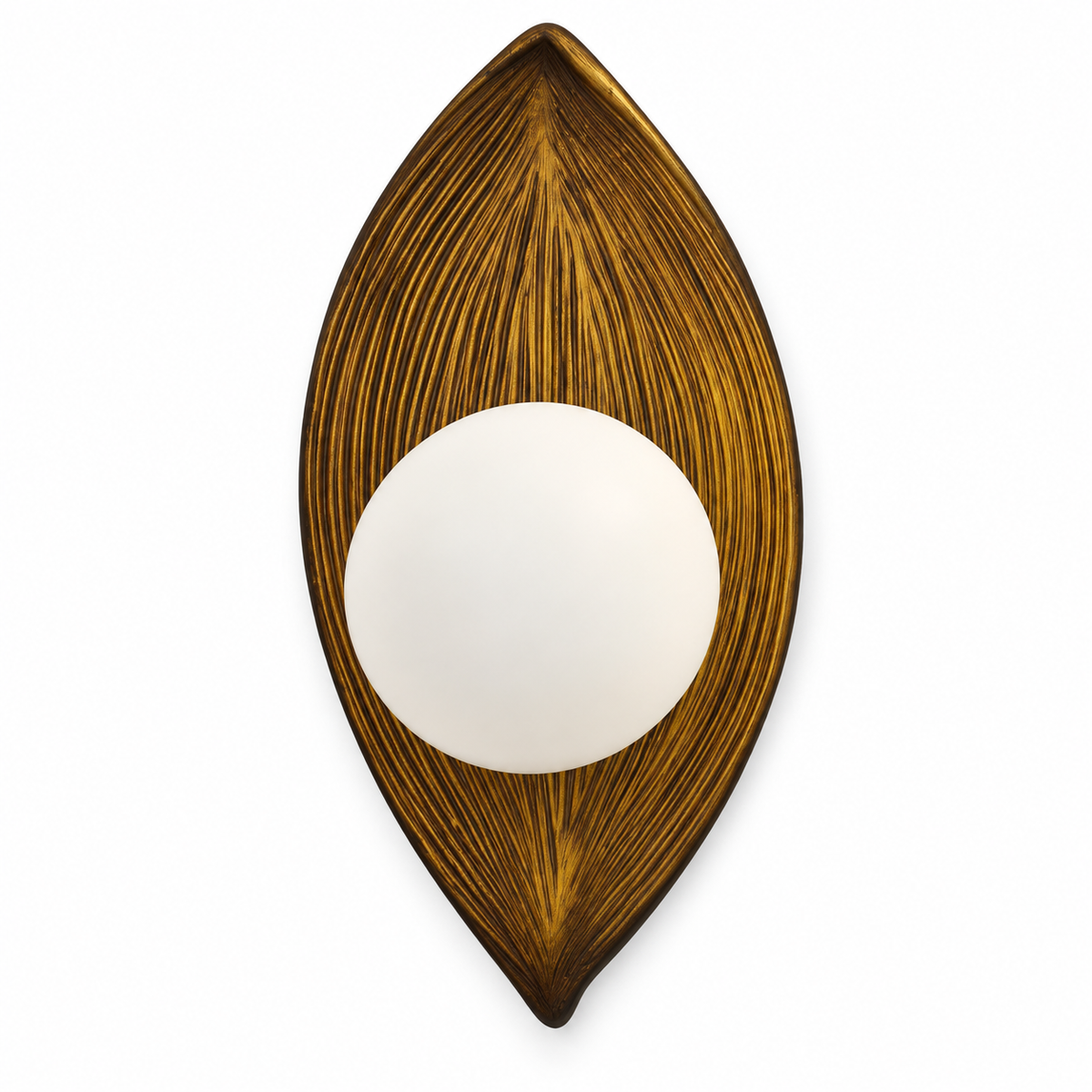Leaf Relief Globe Wall Light with a white globe on a brown-gold textured leaf-shaped backplate, shown switched off against a white background