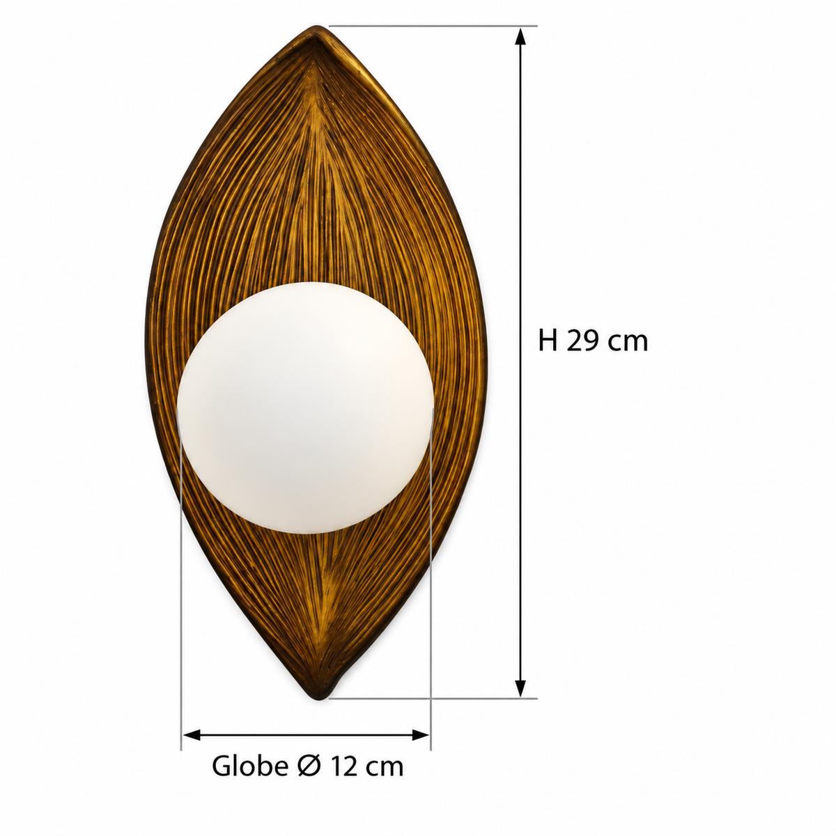 Leaf Relief Globe Wall Light dimension guide showing overall height 29 cm; glass globe diameter 12 cm