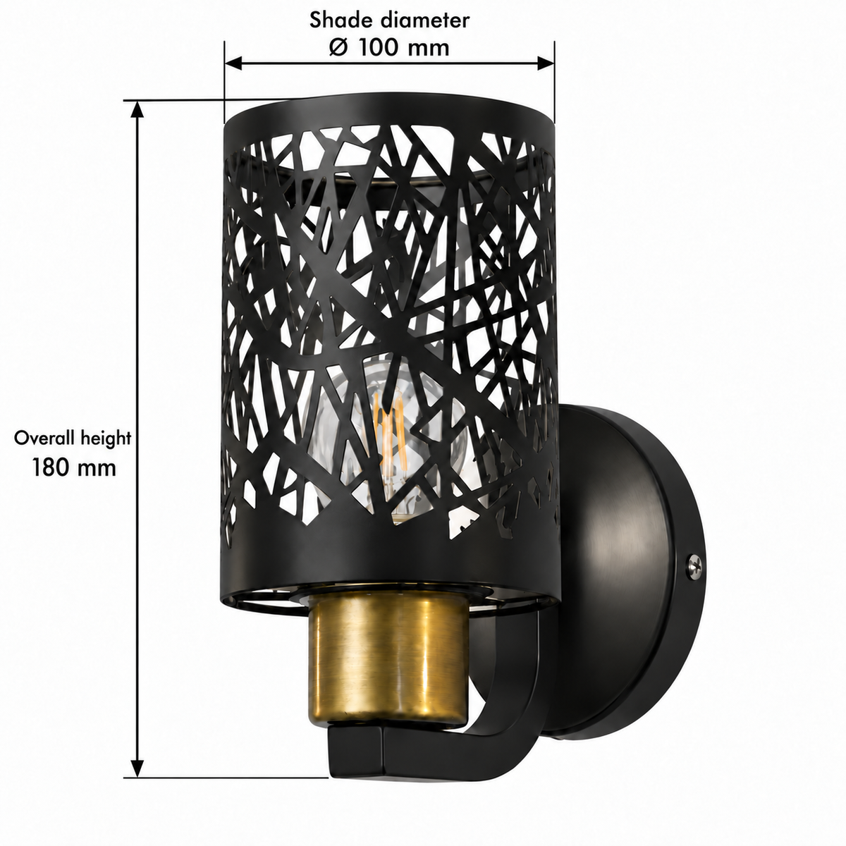 Black lattice metal wall light dimension guide showing metal shade diameter 100 mm and overall fitting height 180 mm