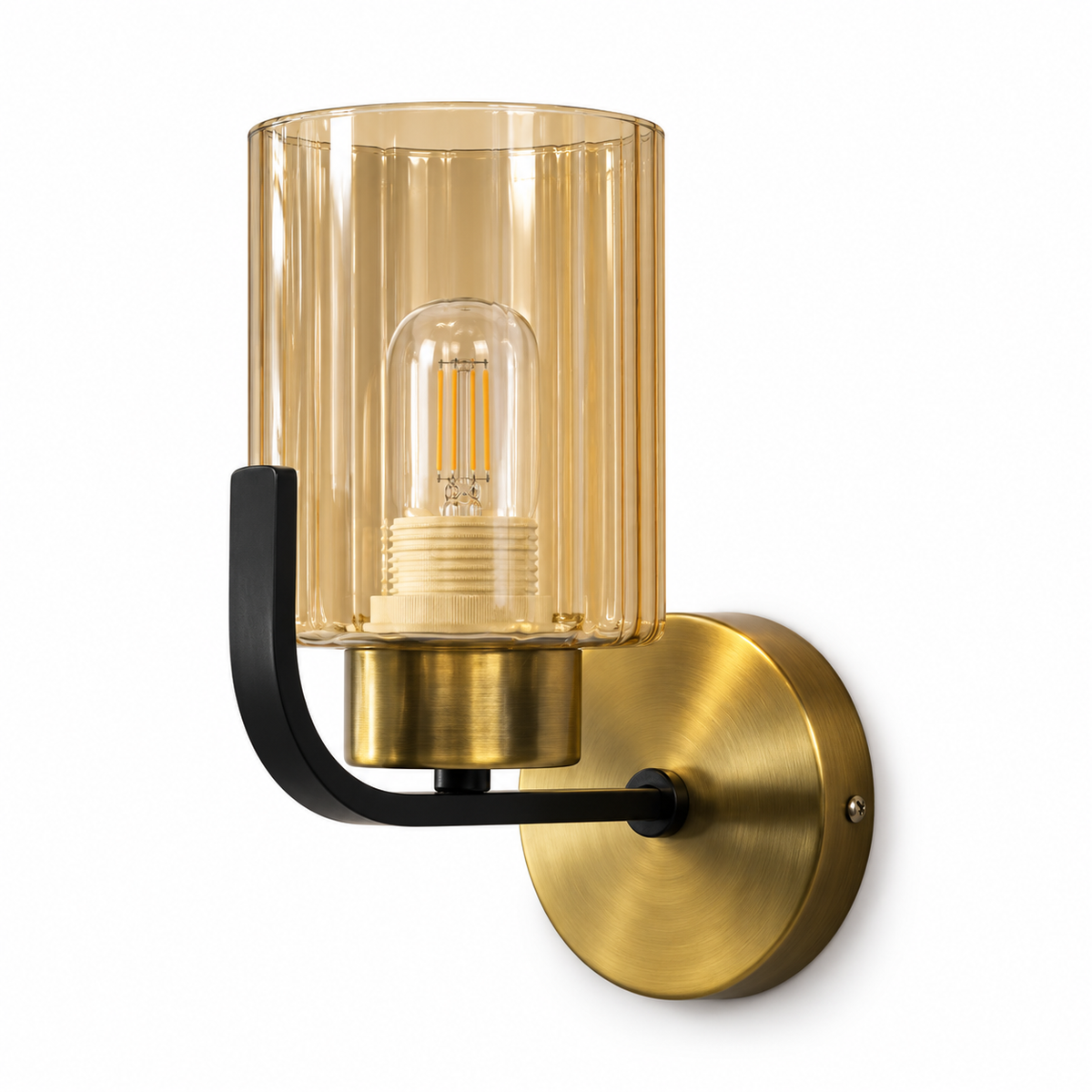 Amber cylindrical glass wall light with a curved black arm and gold-tone circular backplate, switched off against a white background
