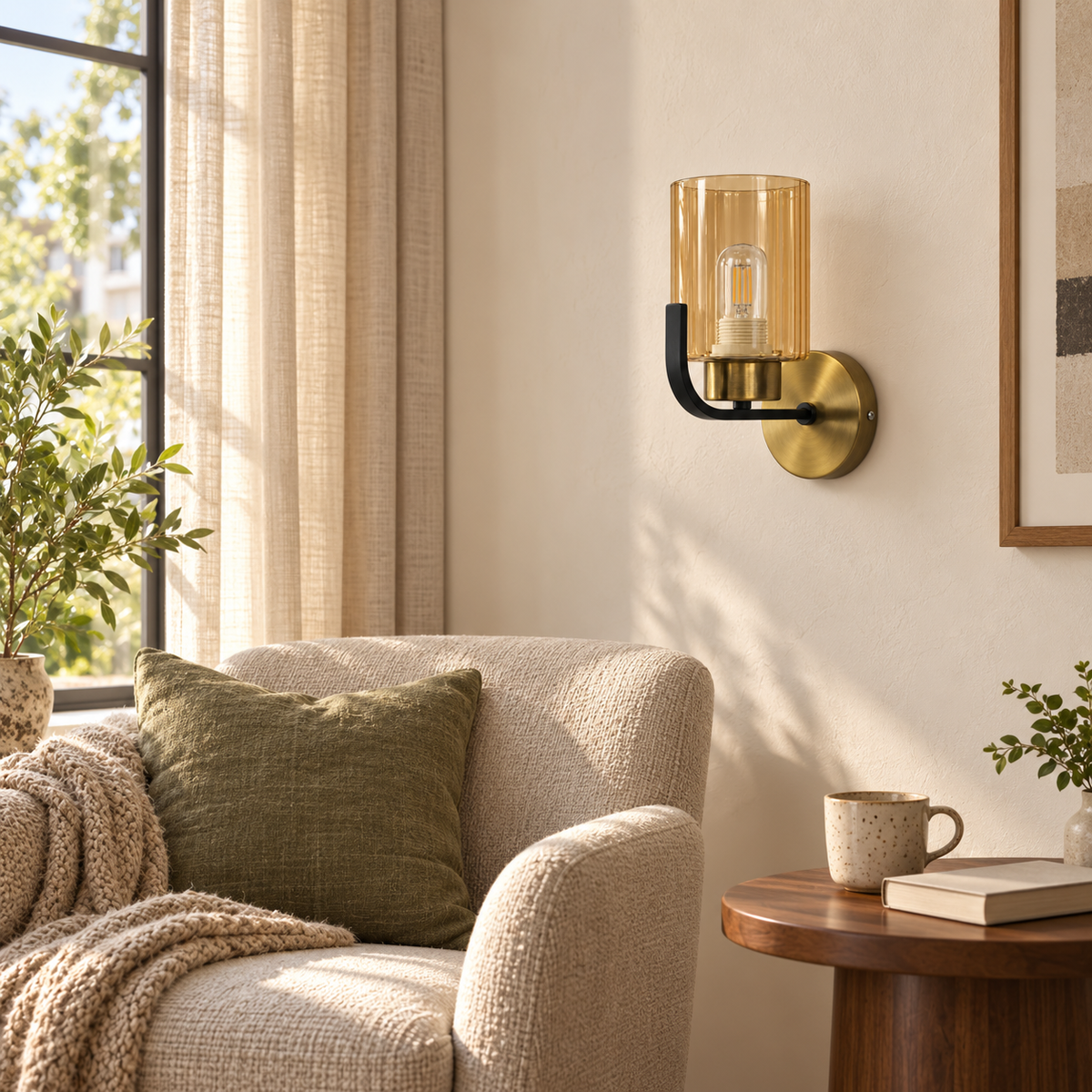 Amber Cylinder Curved Black Arm Wall Light above a wood side table beside a neutral upholstered armchair in daylight, switched off
