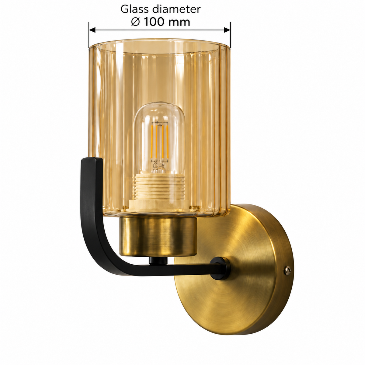 Amber cylinder wall light with curved black arm, dimension guide showing glass diameter 100 mm
