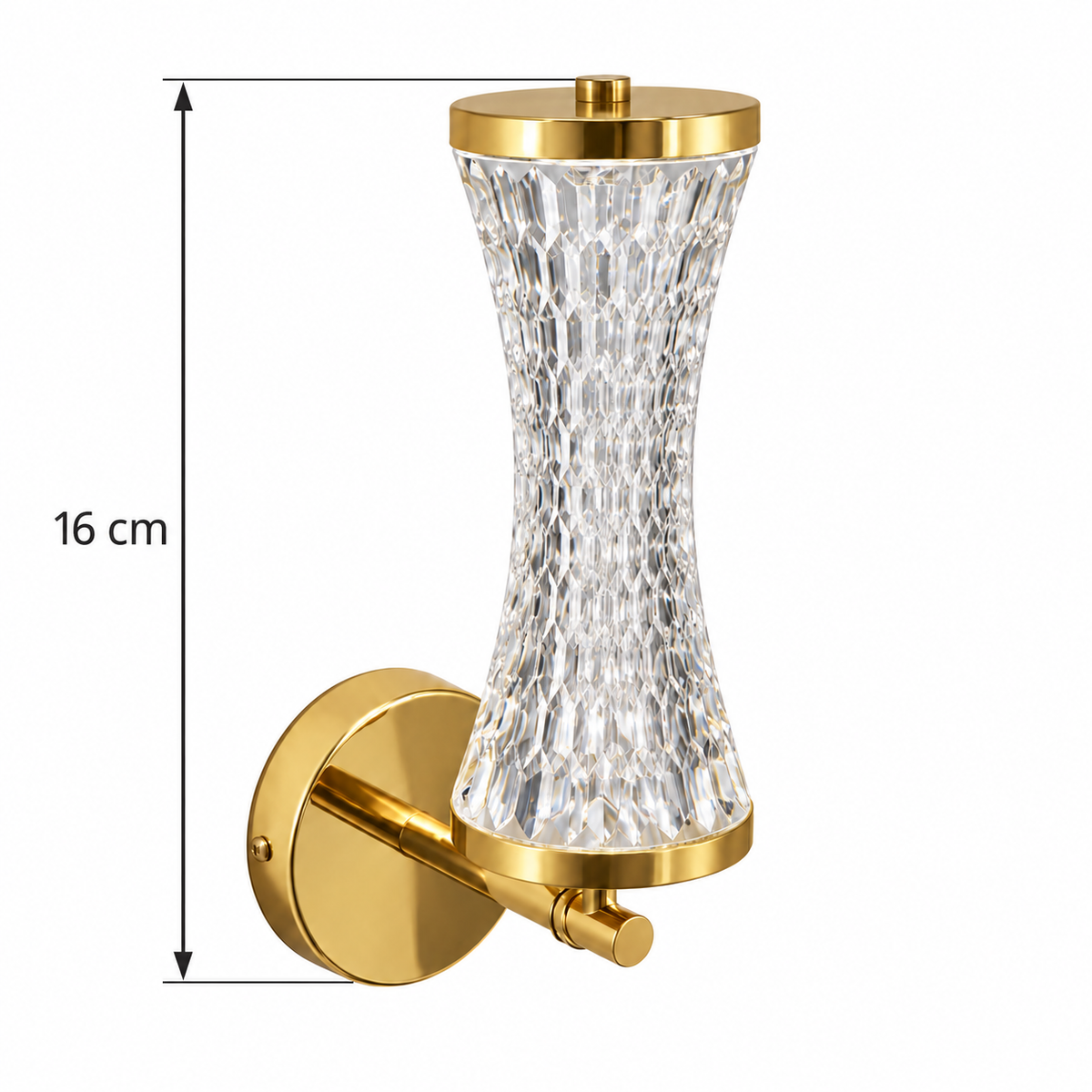 Faceted hourglass acrylic wall light showing 16 cm total height from the top pin to the bottom of the wall plate