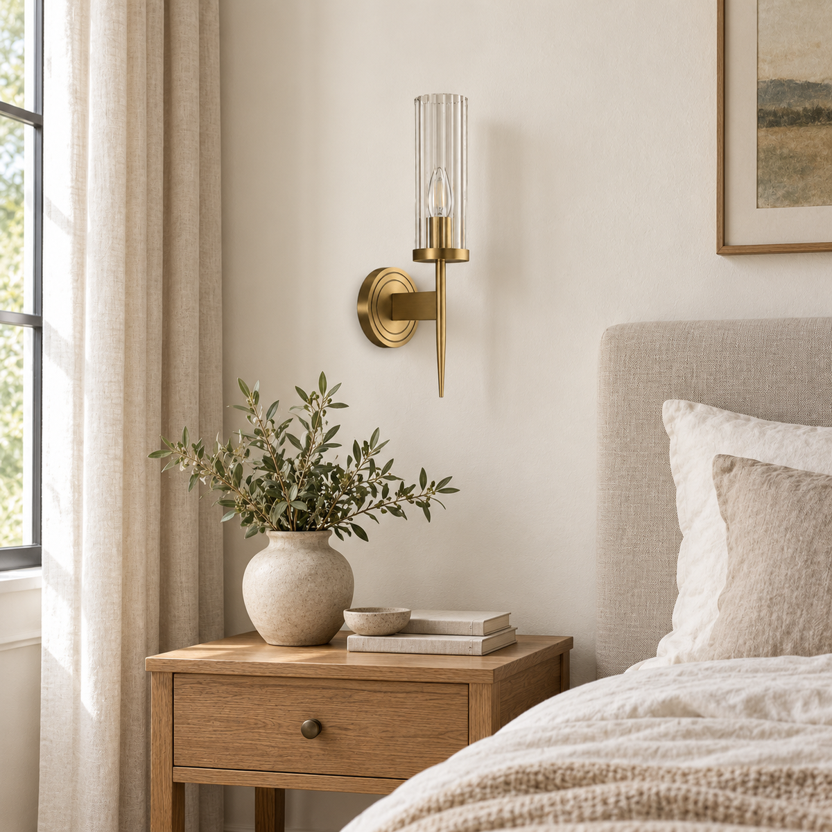 Slender Fluted Glass Torch Wall Light above a wood bedside table beside an upholstered bed in daylight, switched off
