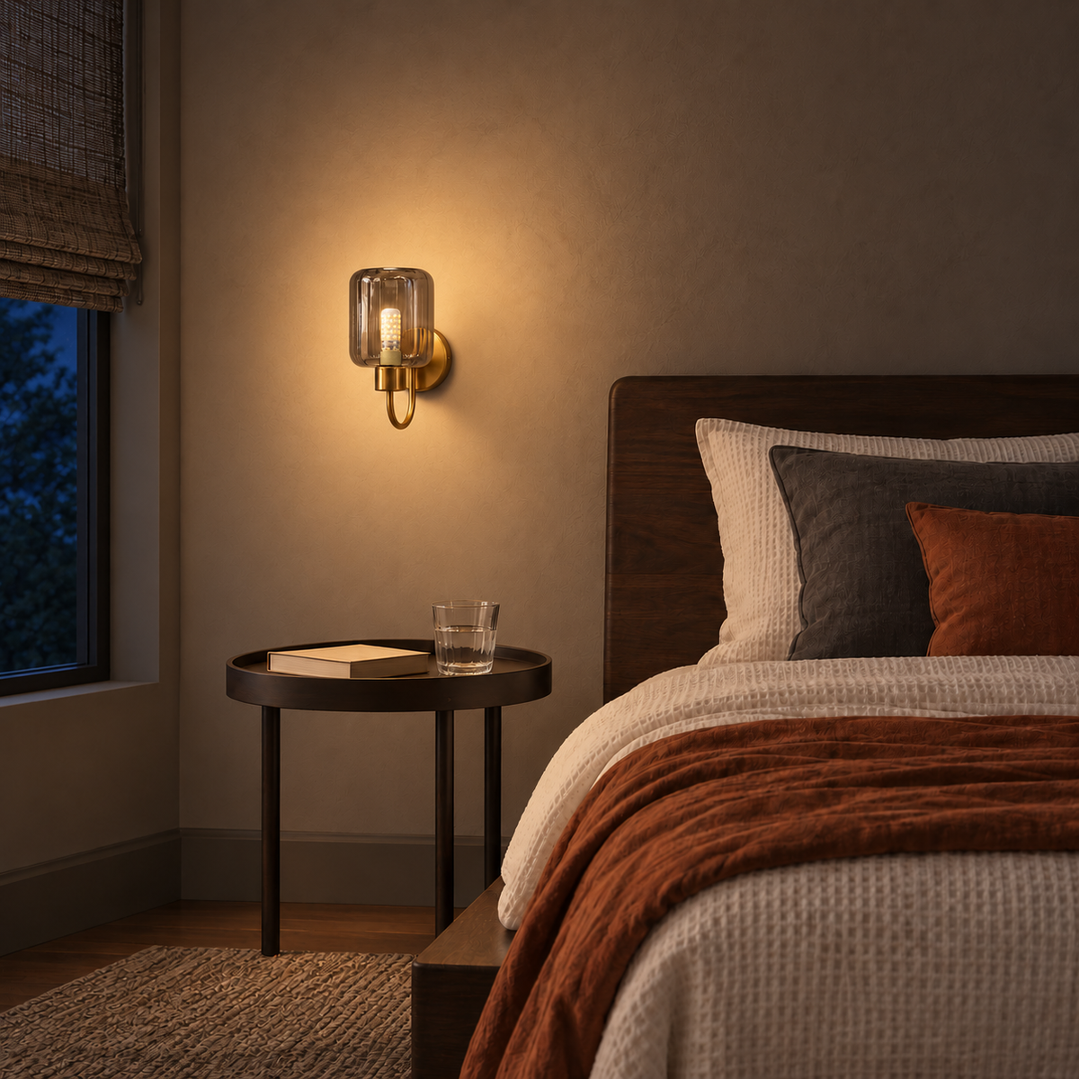 Fluted smoke shade wall light illuminated beside a bed at night