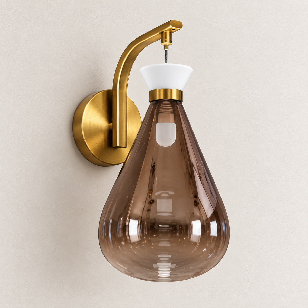 Tinted teardrop glass wall light with a curved metallic arm and white upper accent, switched off