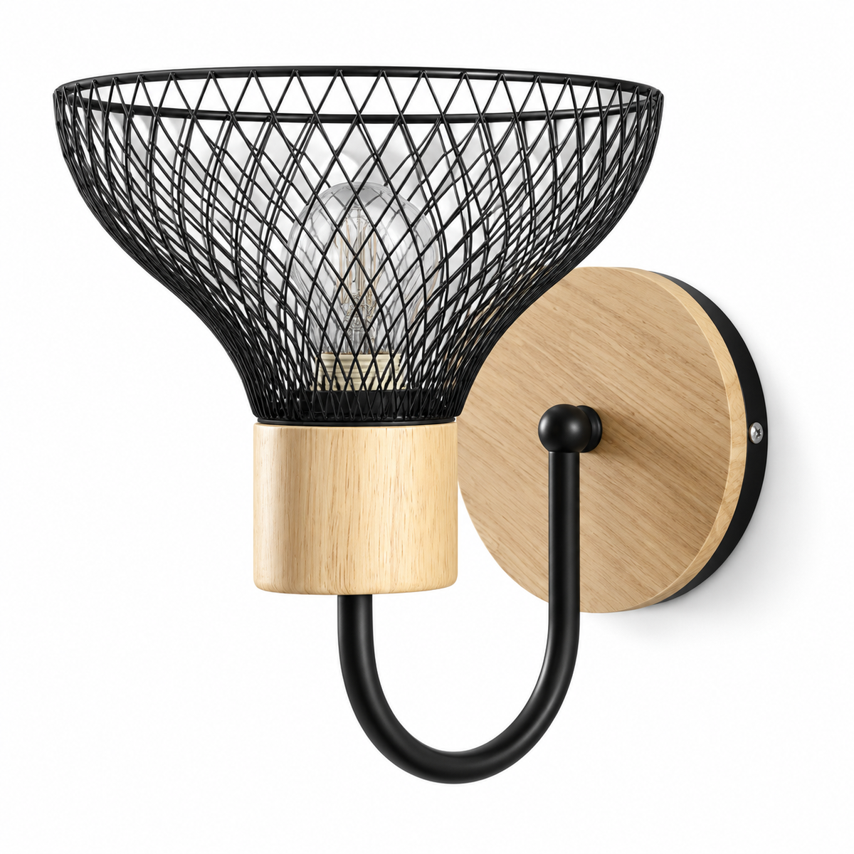 Black mesh bowl wall light with pale wood detailing and a curved black arm, switched off against a white background