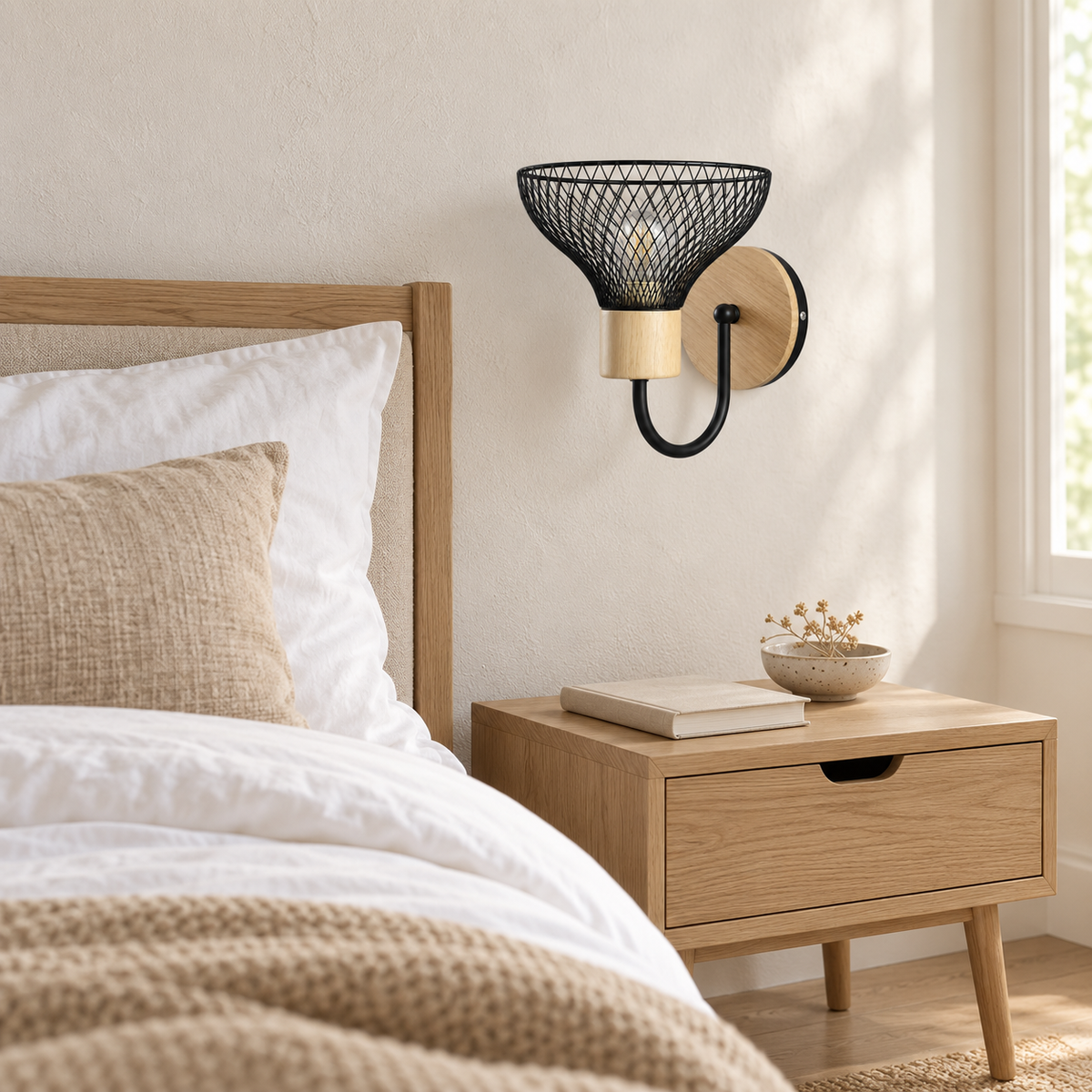 Black Mesh Bowl Wood Wall Light above a pale wood bedside table beside a bed in daylight, switched off