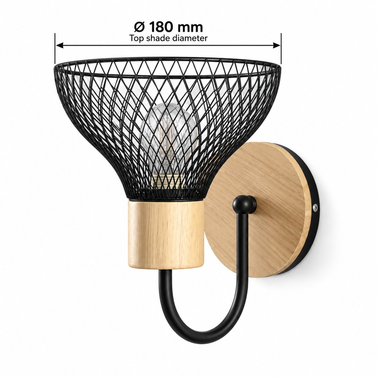 Black mesh bowl wood wall light dimension guide showing top metal-shade rim diameter 180 mm