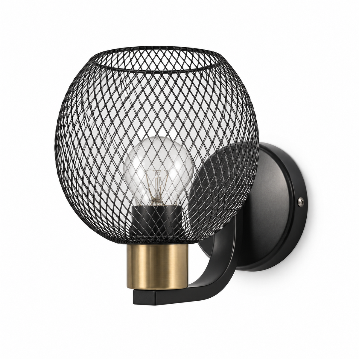 Rounded black mesh metal wall light with a gold-tone collar and circular wall plate, switched off against a white background