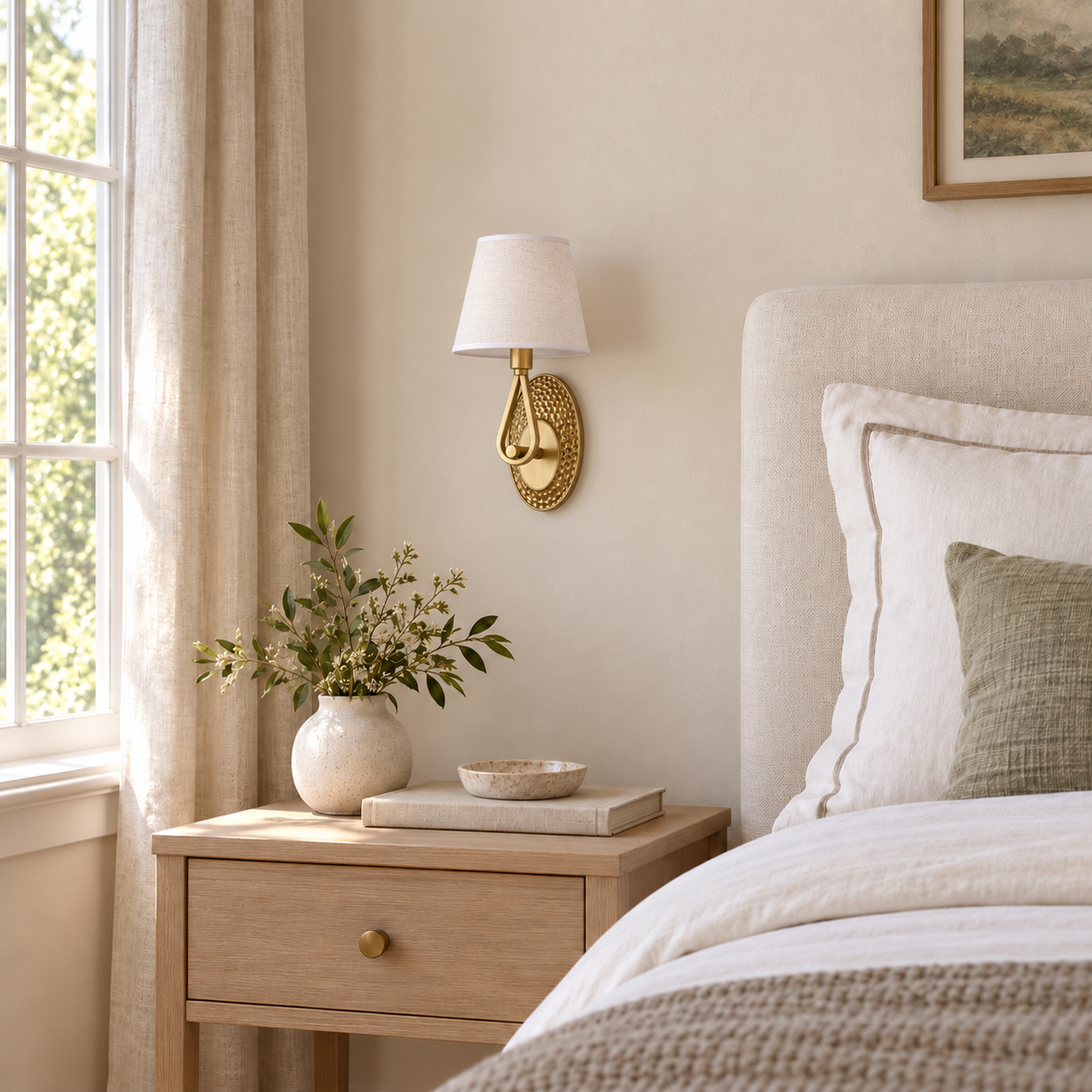 Teardrop Loop Shade Wall Light above a bedside table beside a pale upholstered bed in daylight, switched off