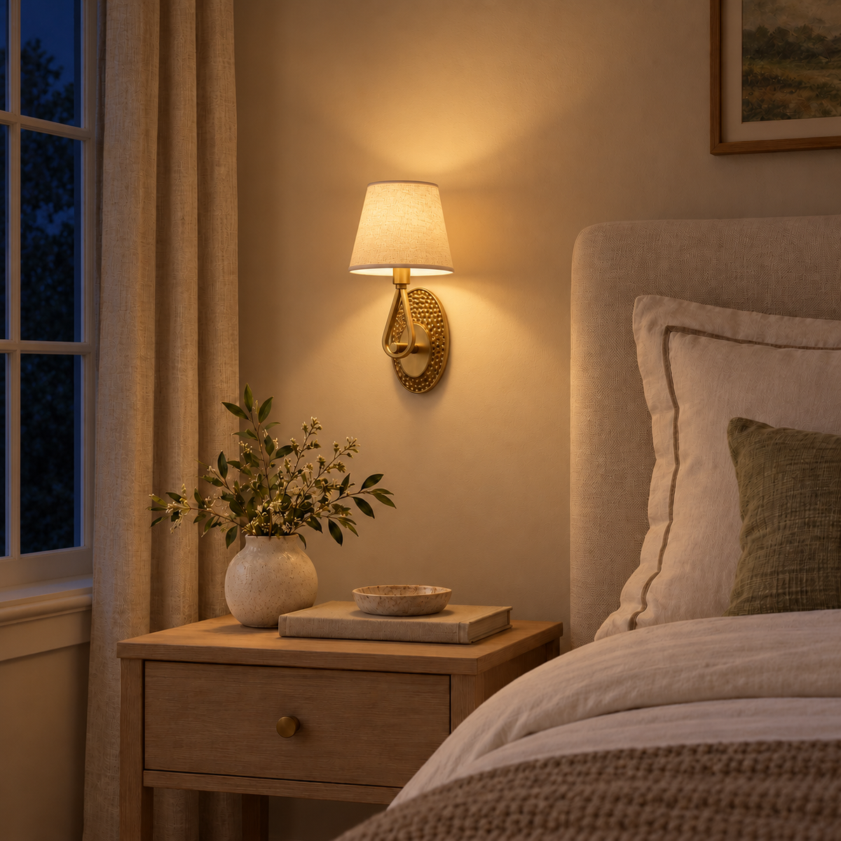 Teardrop Loop Shade Wall Light above a bedside table beside a pale upholstered bed at night, illuminated