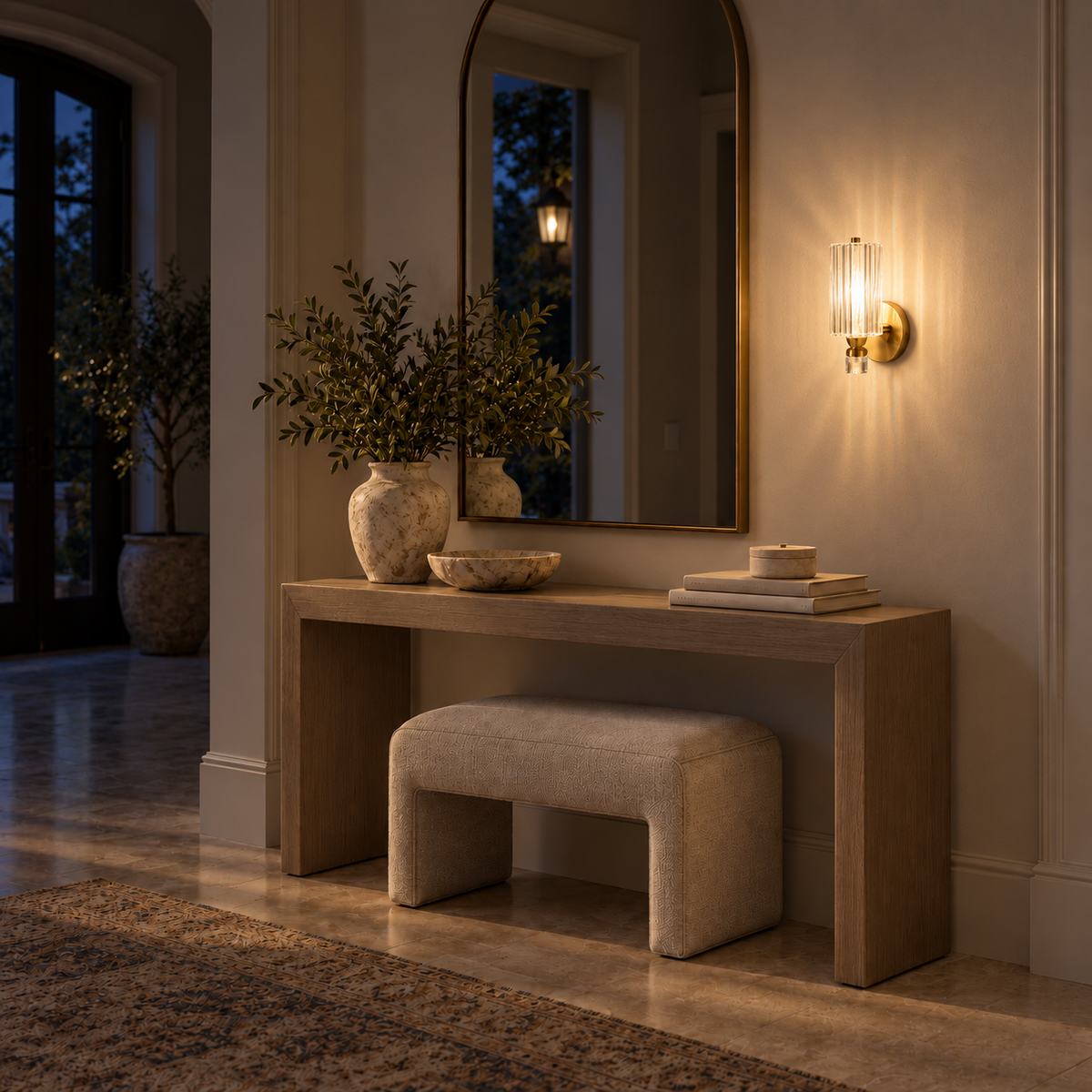 Fluted Acrylic Gold-Tone Wall Light beside a mirror above a stone-look console and upholstered bench at night, illuminated