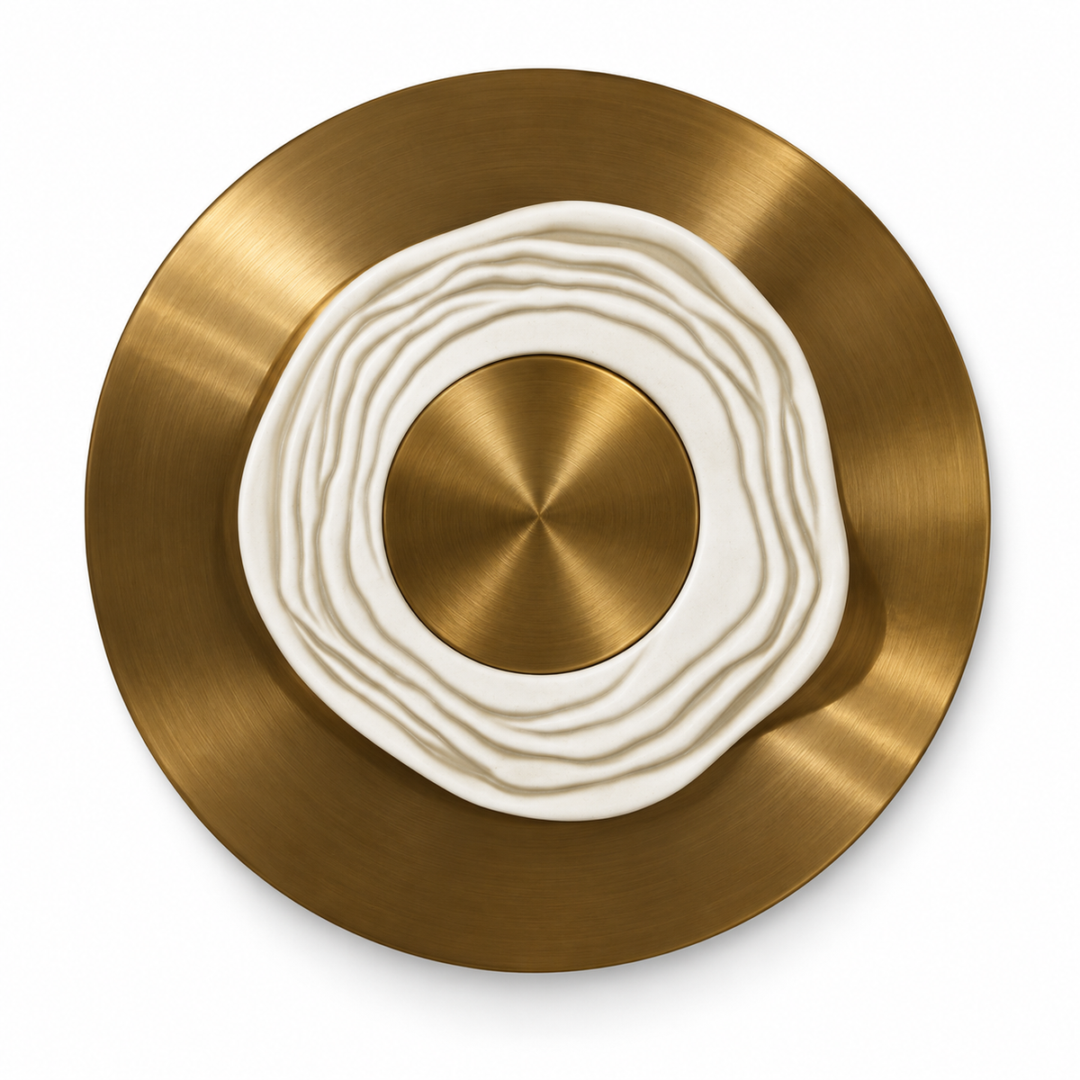 Rippled Ceramic Medallion Wall Light with a rippled white ceramic ring, circular centre and broad gold-tone backplate, shown switched off against a white background