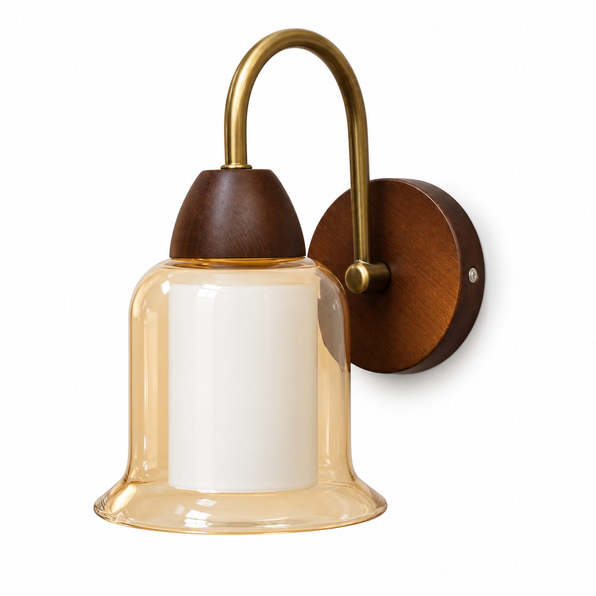 Amber bell glass wall light with a white inner diffuser, gold-tone gooseneck arm and brown wood-grain details, switched off against a white background