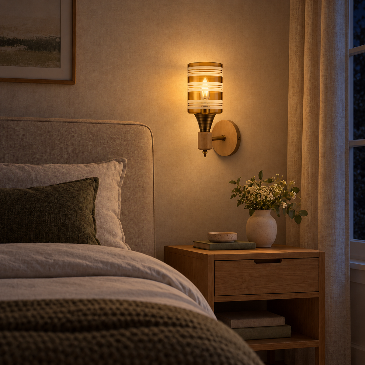 Striped Amber Glass Torch Wall Light above a wood bedside table beside an upholstered bed at night, illuminated