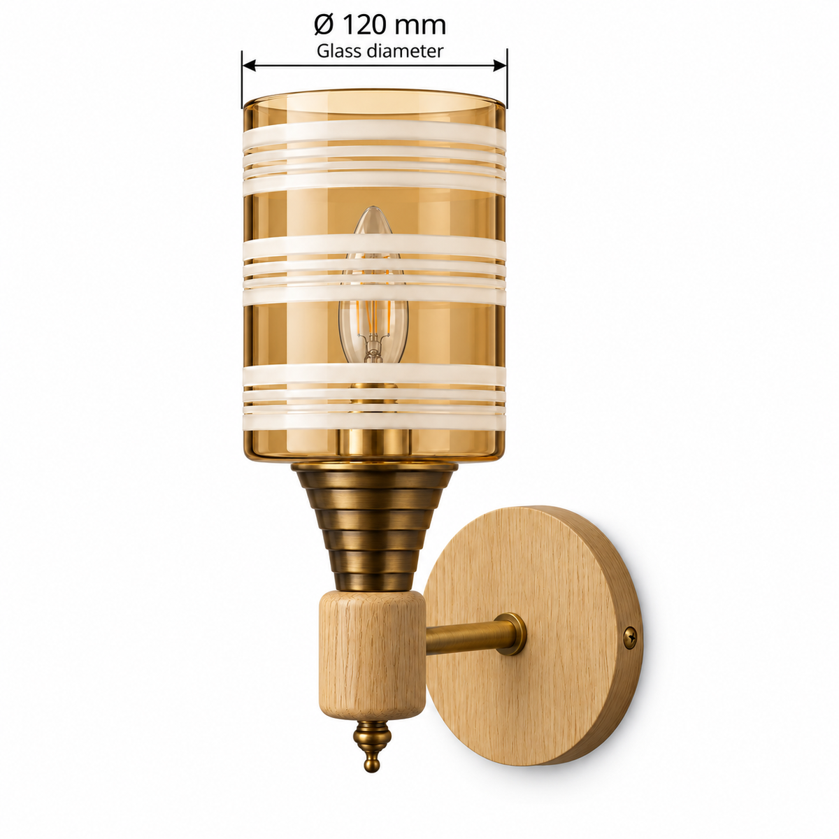 Striped amber glass torch wall light dimension guide showing outer glass diameter 120 mm