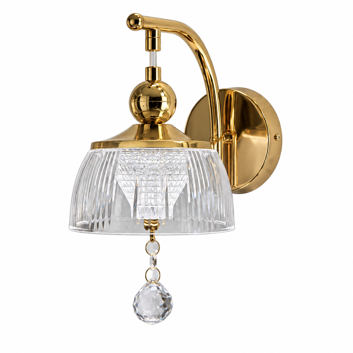 Clear fluted bell acrylic wall light with a gold-tone curved arm and hanging faceted ball ornament, switched off