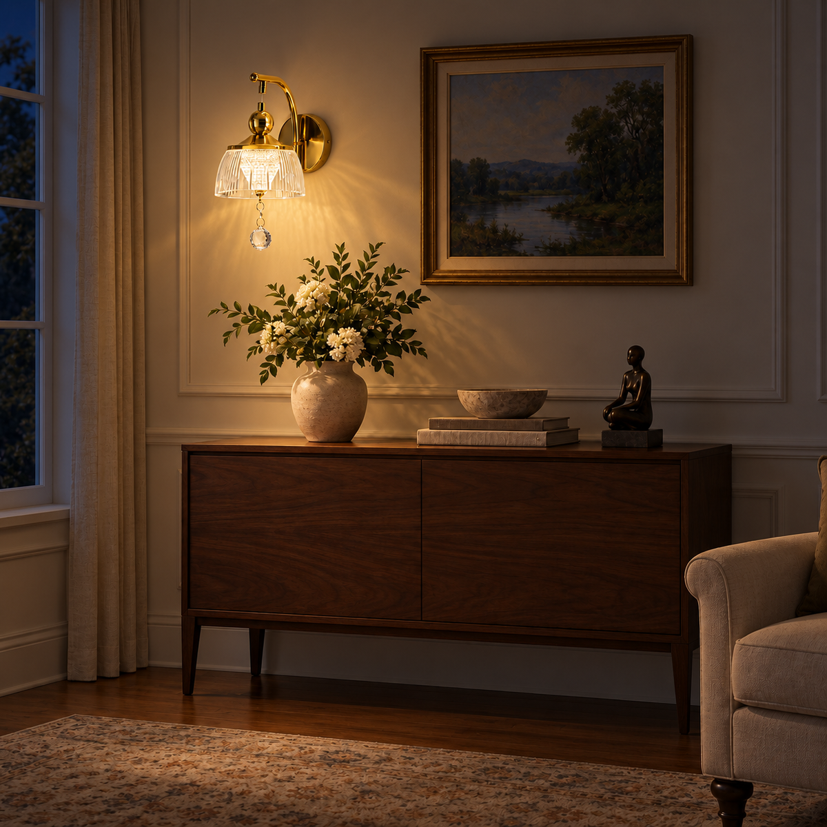 Fluted Bell Drop Wall Light illuminated in an interior at night